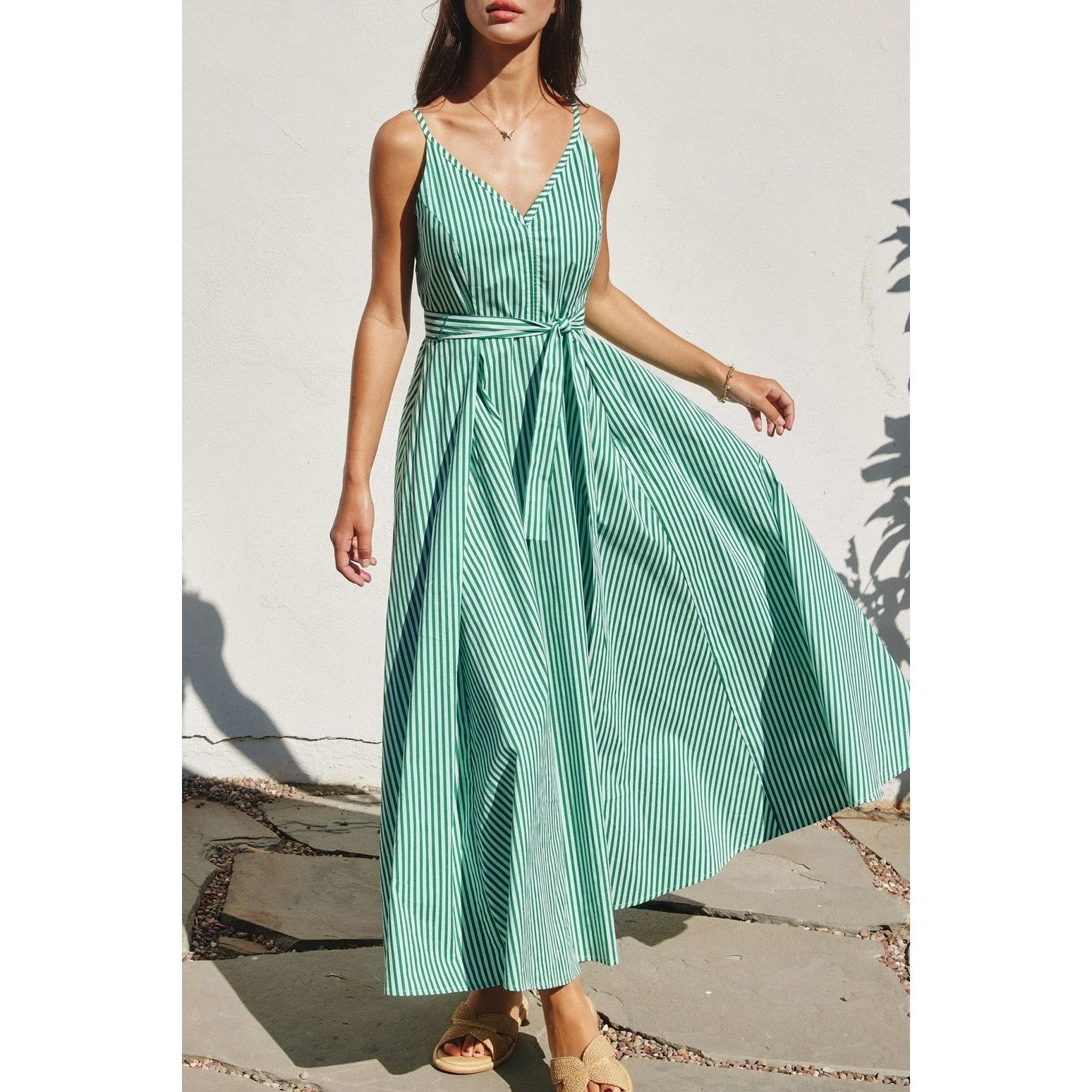 V-neck Midi Sundress Kelly Green Stripe