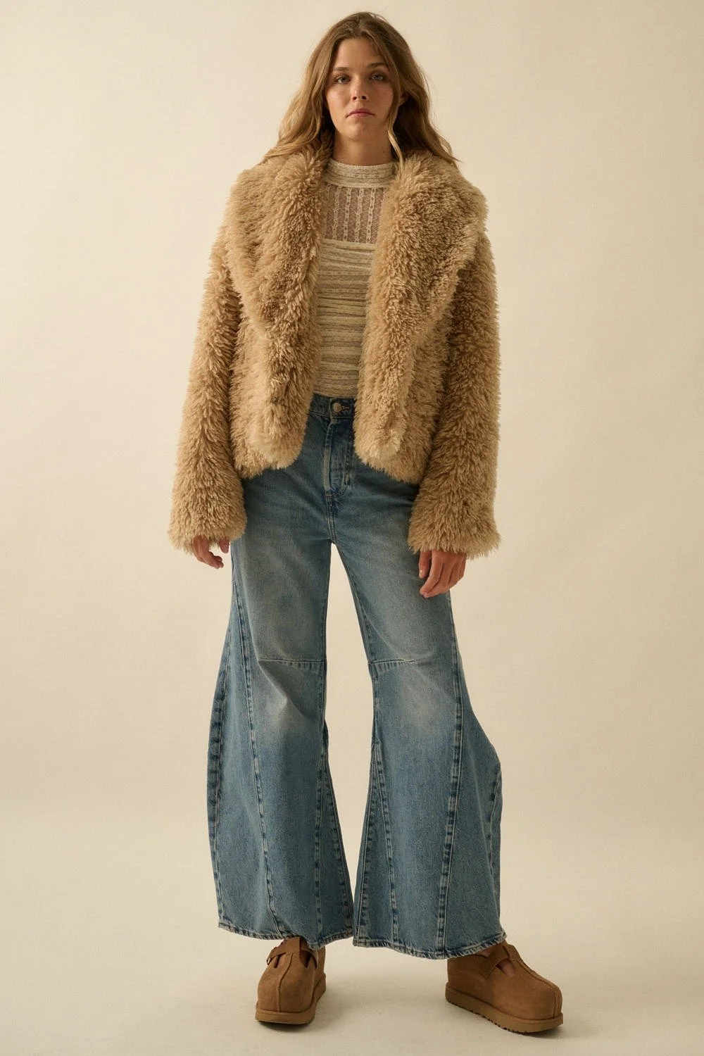 Faux Fur Shawl Collar Jacket Sand