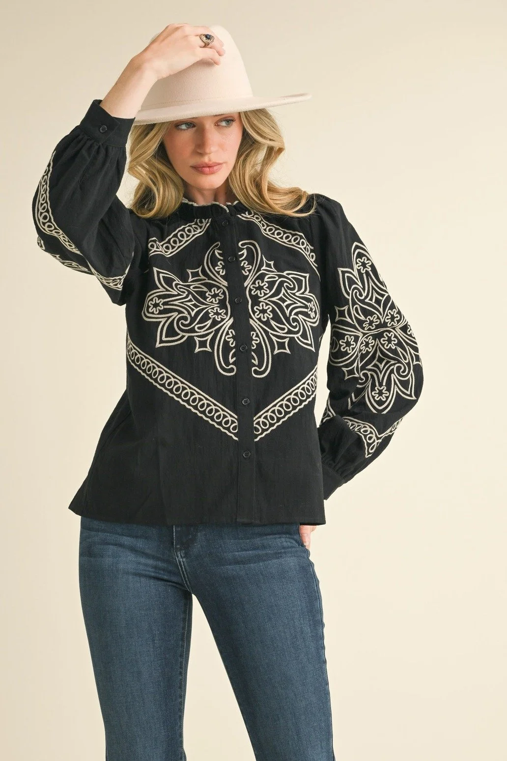 Western Embroidered Puff Sleeve Button Blouse Black