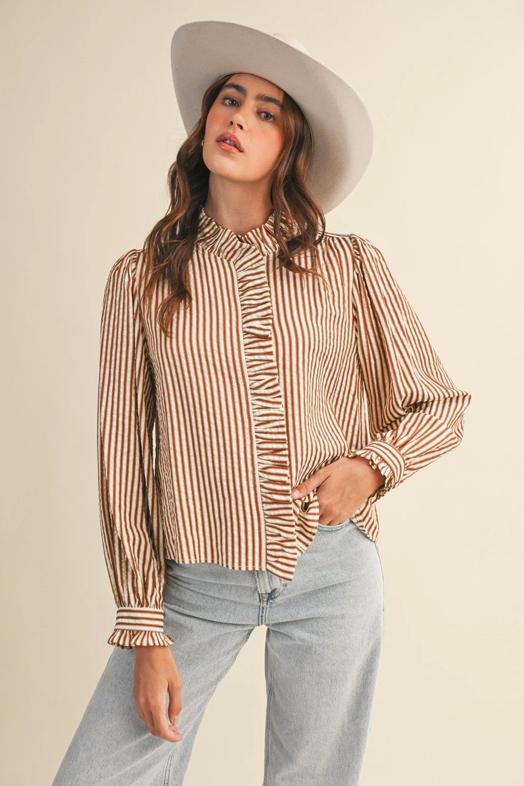 Ruffle Collar Button Front Blouse Pecan Ticking Stripe