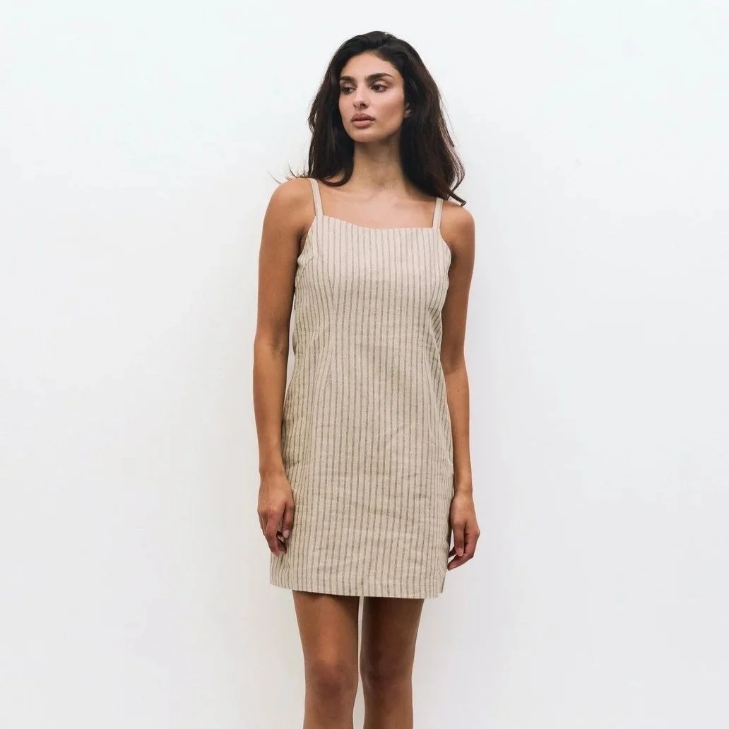 The Casey Striped Mini Dress Oatmeal & Blue