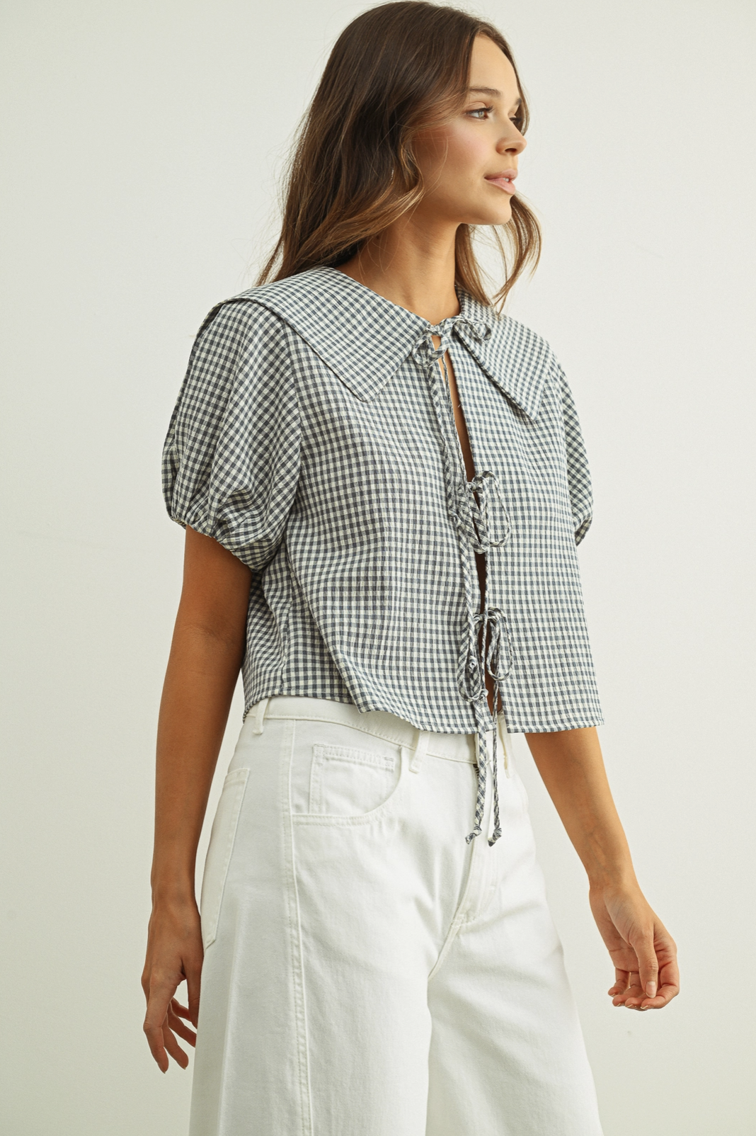 Front Tie Collared Blouse Blue Gingham