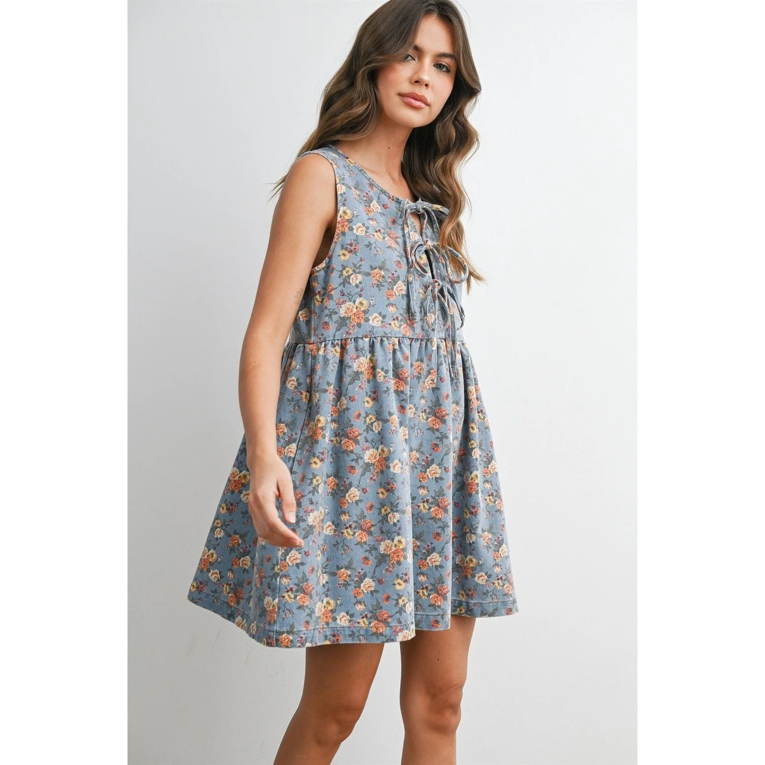 Tie-Front Babydoll Dress Denim Floral