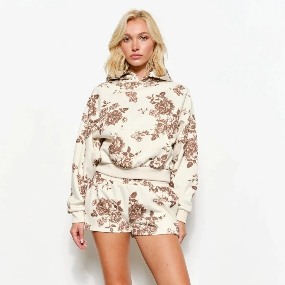Ida Floral Print Sweatshorts Cream & Brown