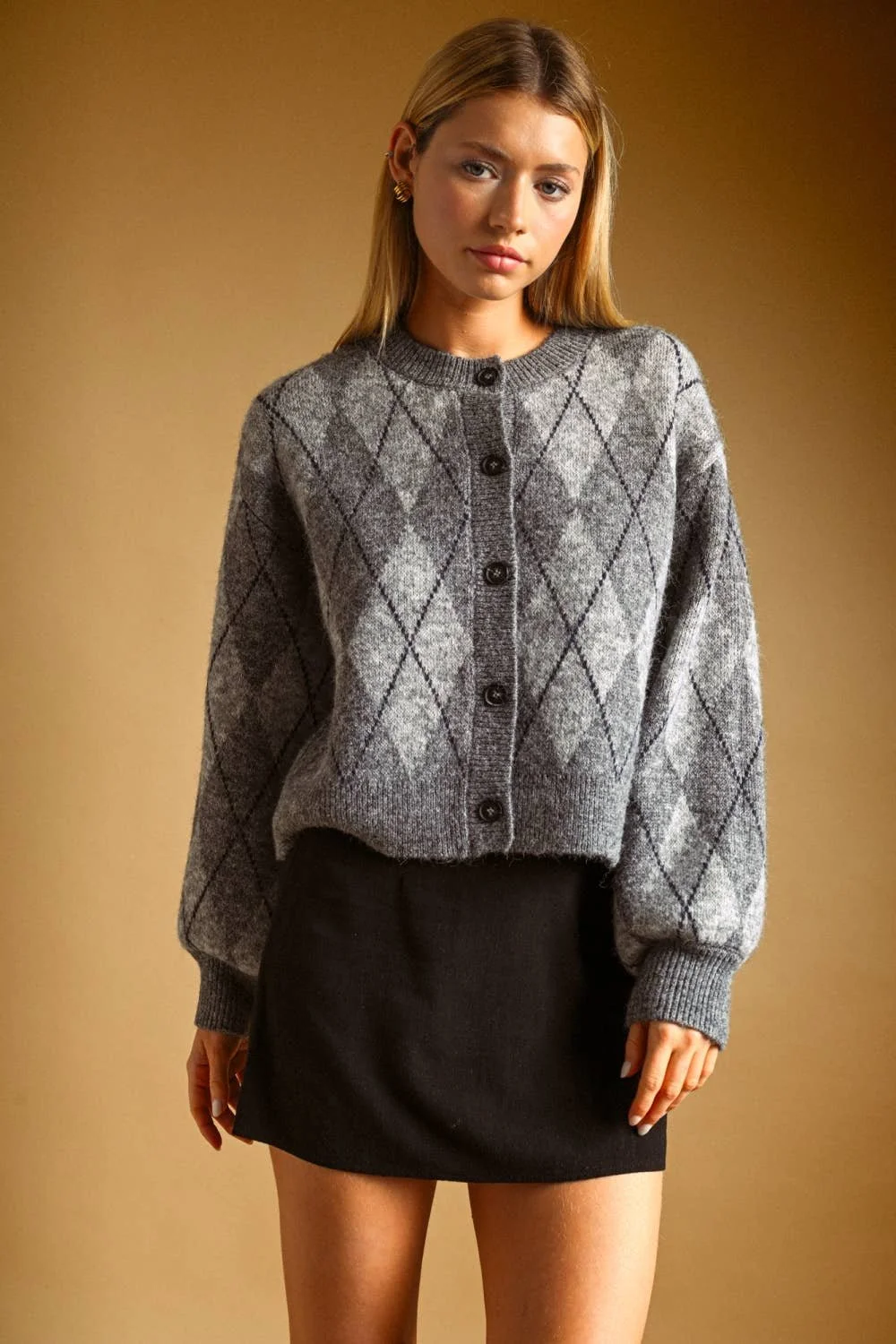 Argyle Button Front Cardigan Heather Gray