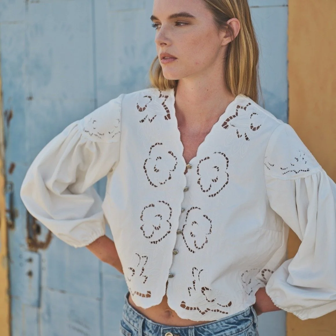 Embroidered Flower V-neck Button Blouse White