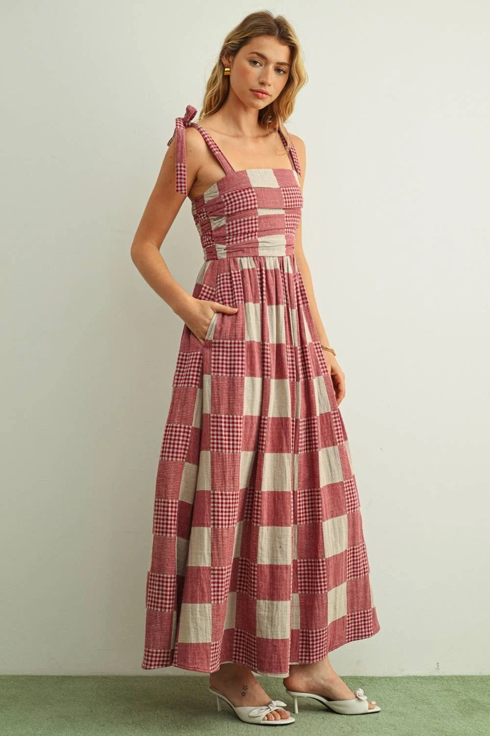 Gingham & Stripe Patchwork Dress Red