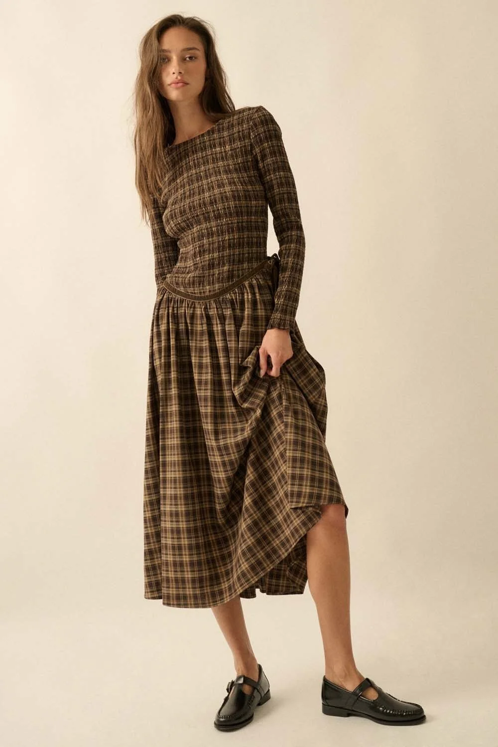Plaid Smocked Drop Waist Midi Dress Chocolate