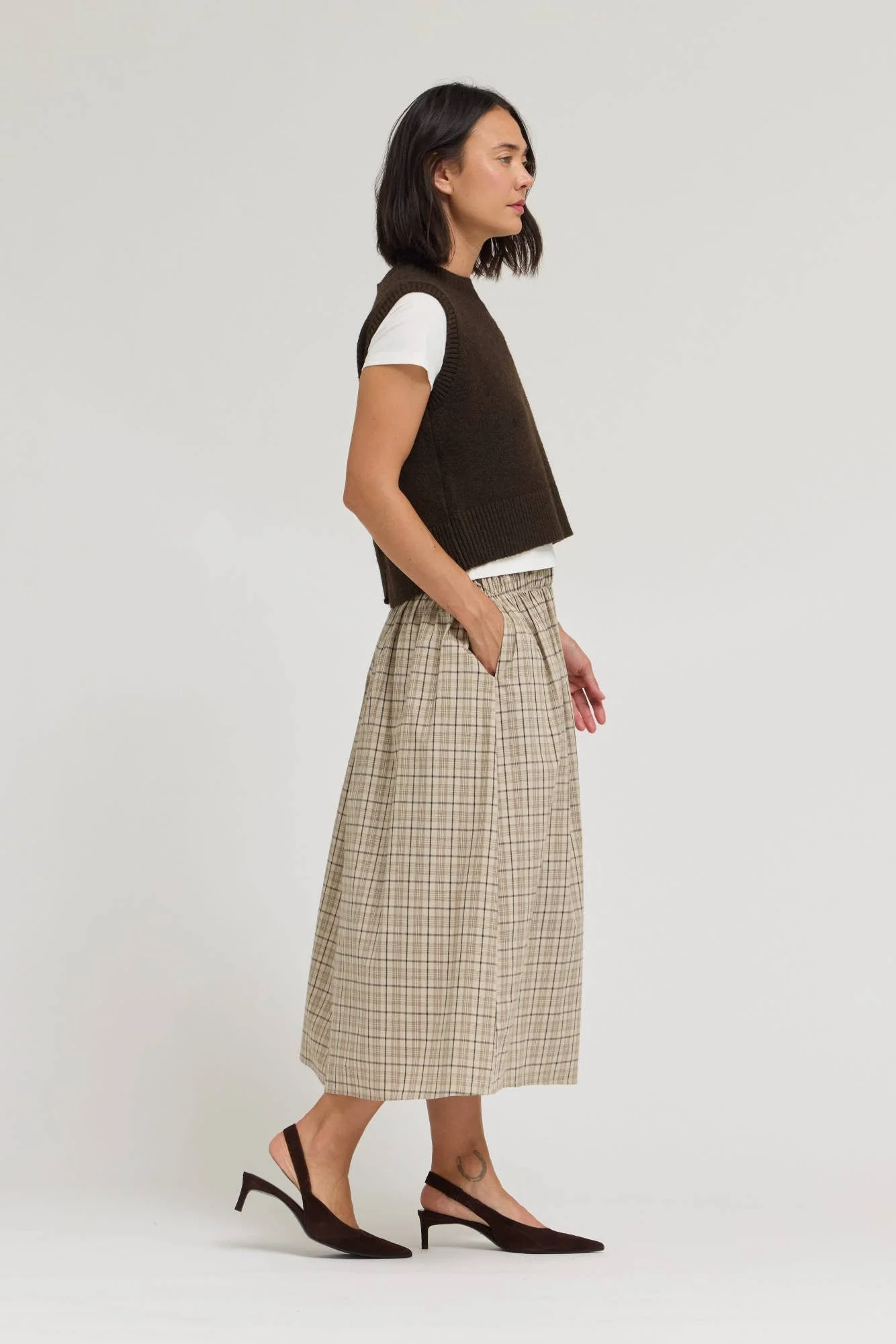 Plaid Smocked Waist Midi Skirt Cream
