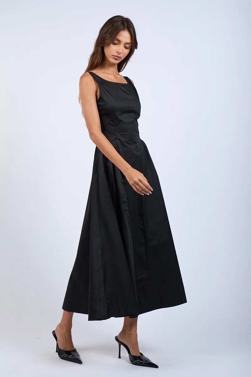 Boatneck Basque Waist Midi Dress - Black