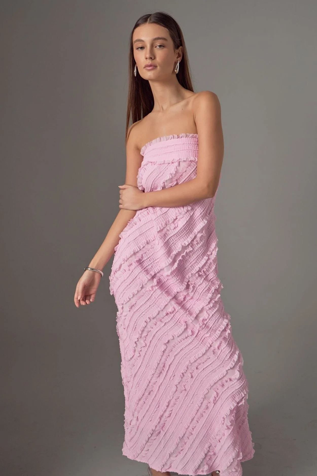 Strapless Textured Column Maxi Dress Pink