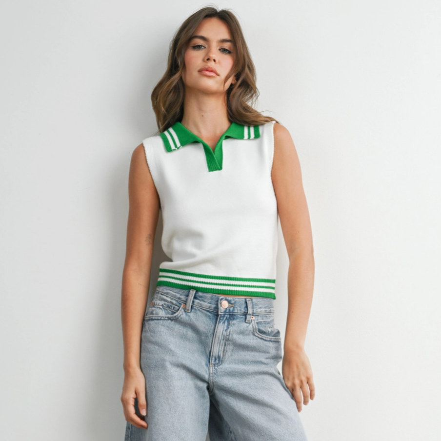 Collared Sleeveless Knit Polo Ivory & Green