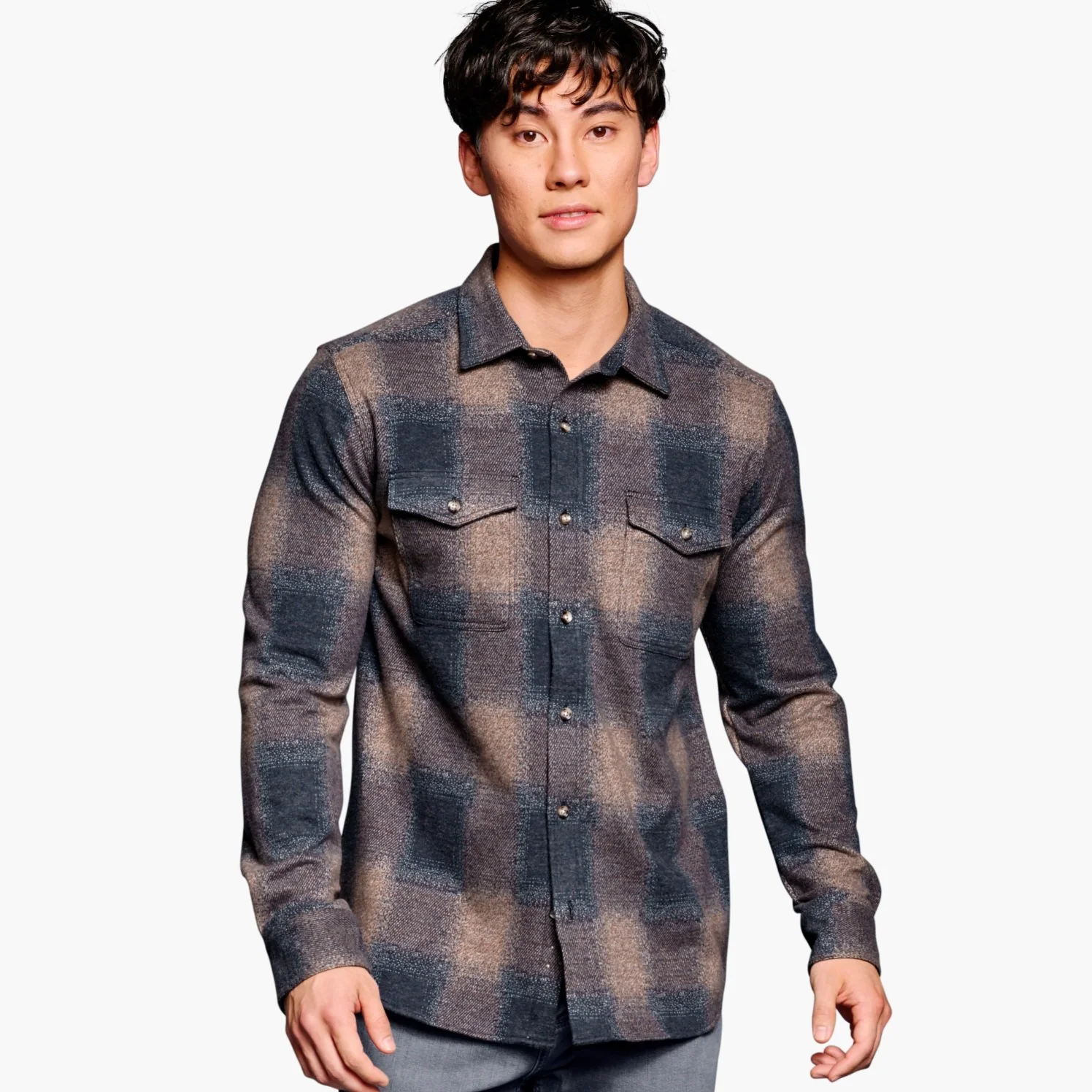 J&M Brushed Button-Front Knit Brown Box Plaid