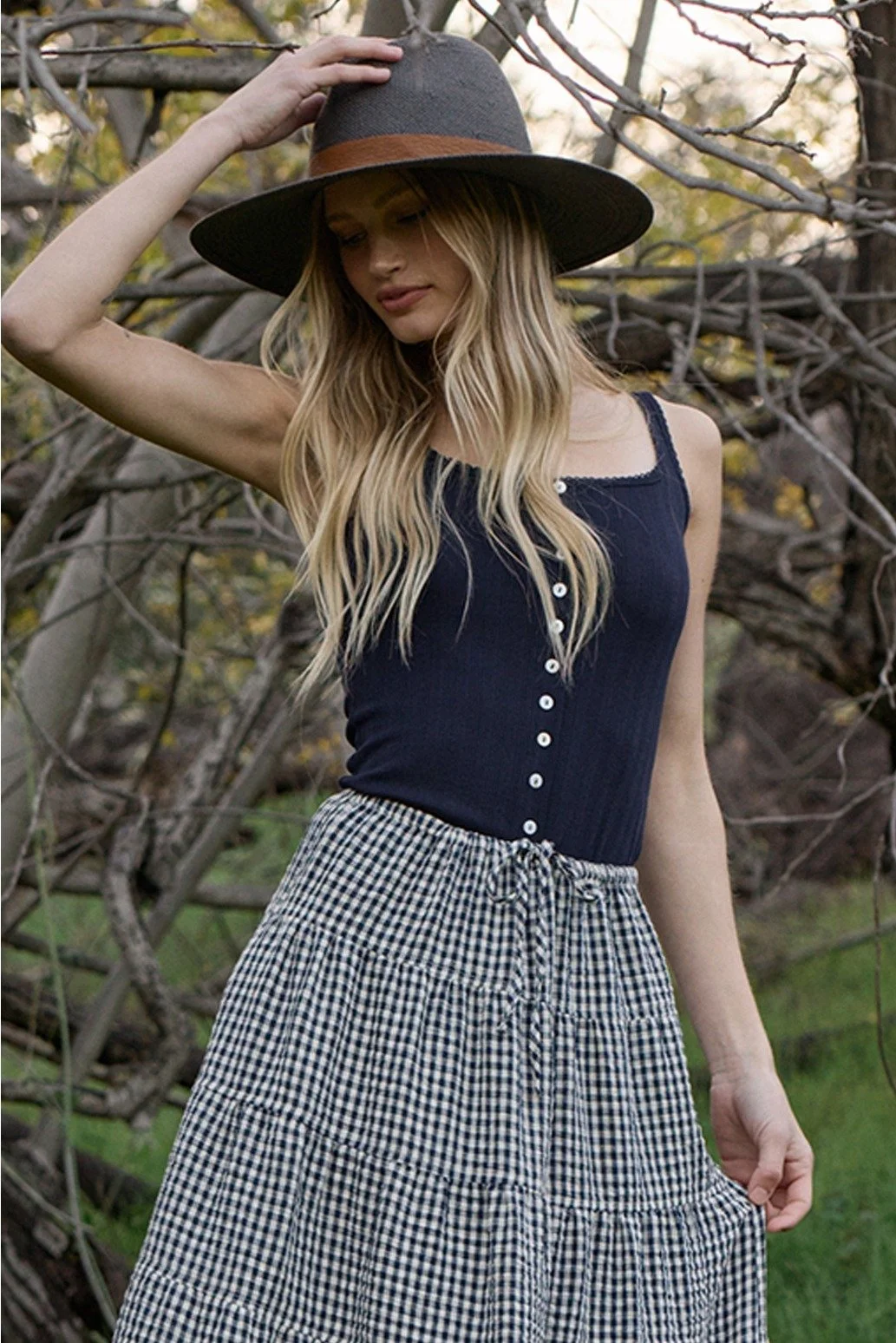 Pointelle Ribbed Button Front Cami Navy