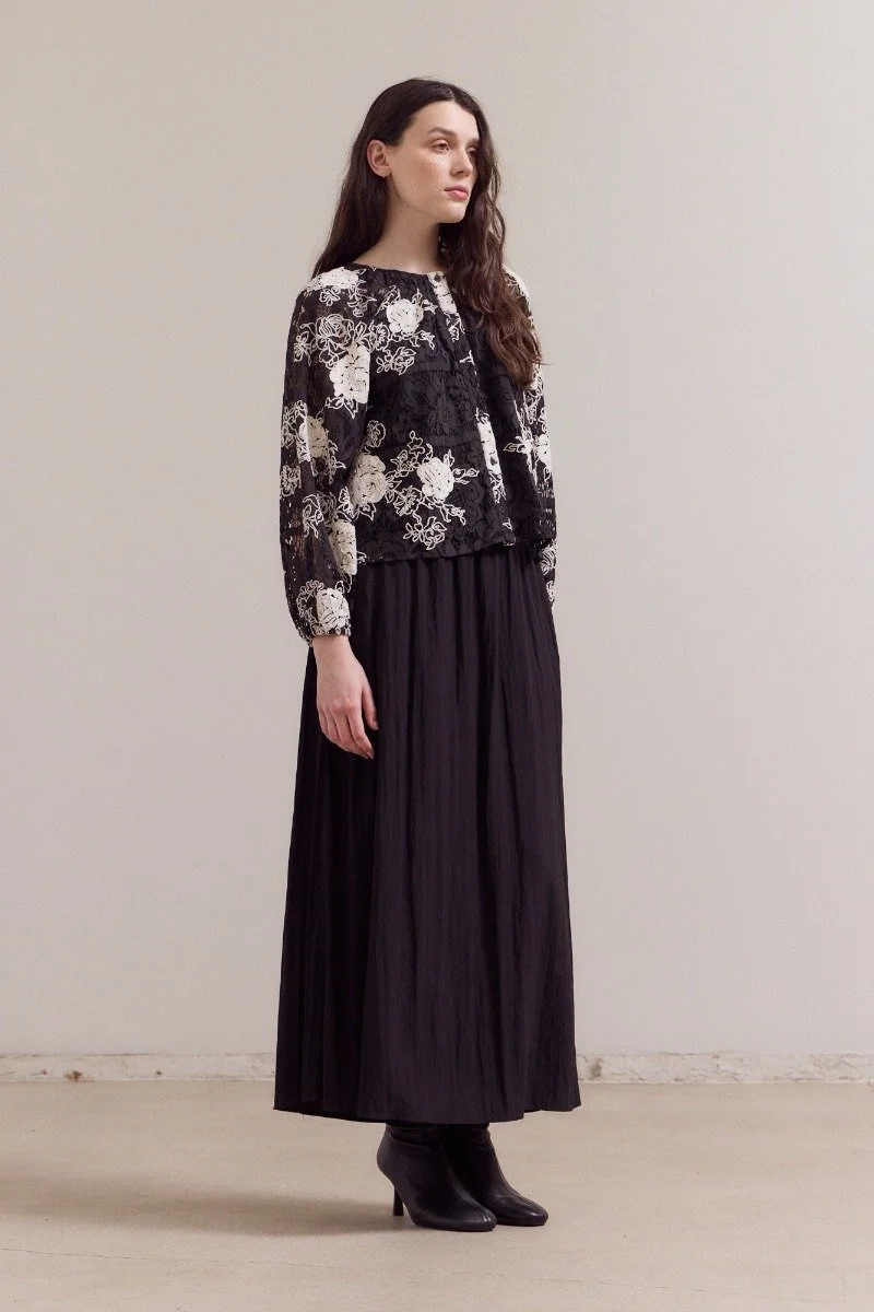 Button Front Lace Embroidered Blouse Black Floral