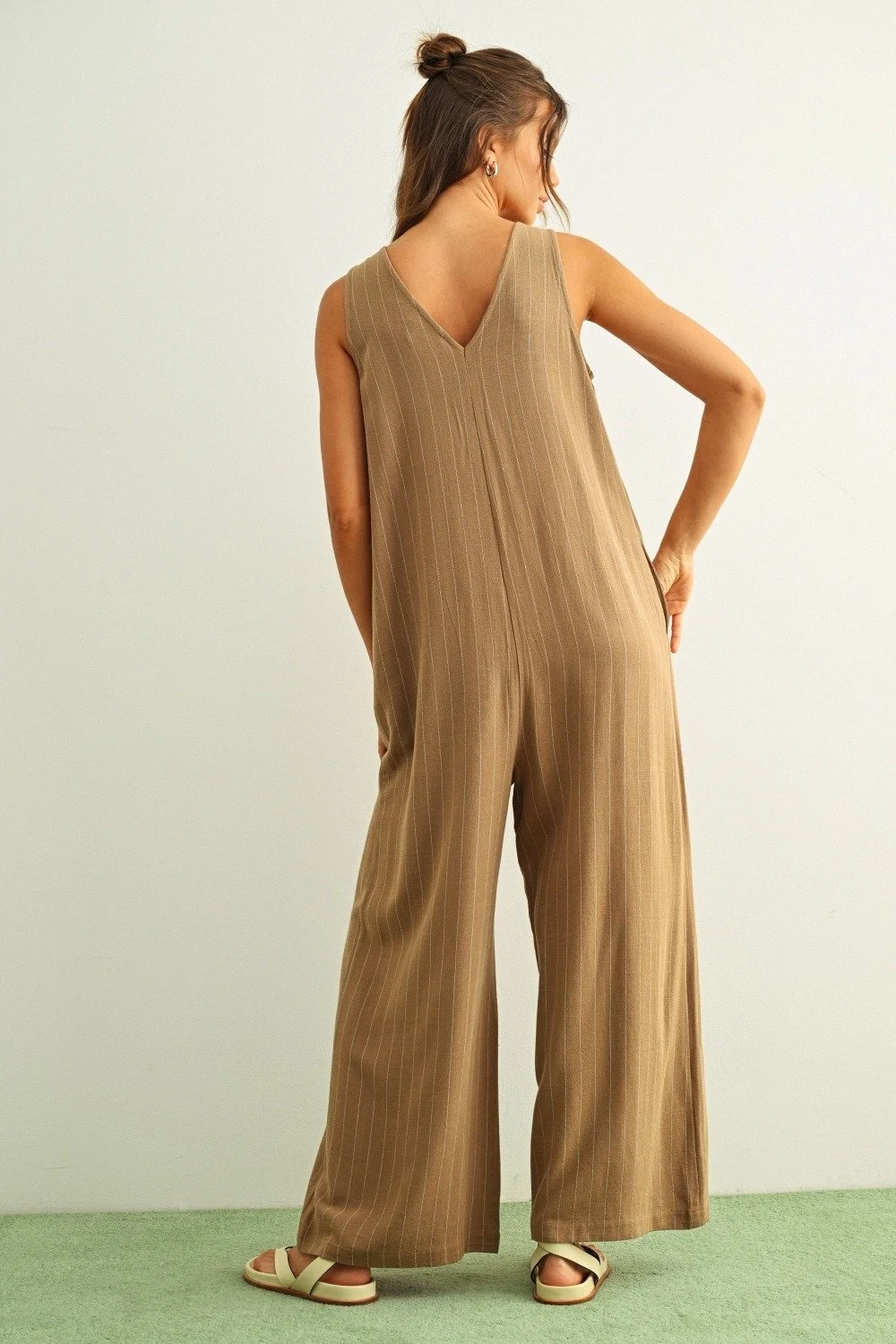 Relaxed Button Front Jumpsuit Mocha Pinstripe