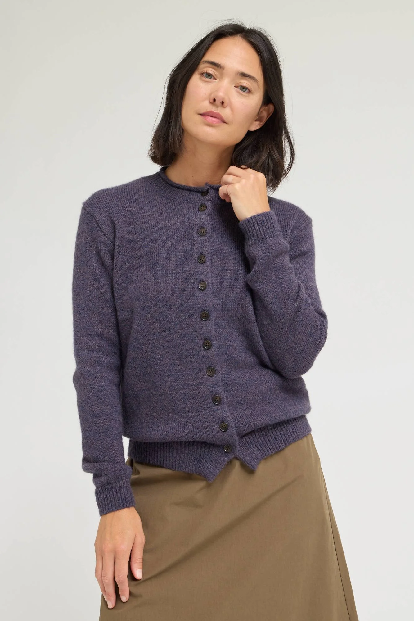 Rolled Neck Button Down Cardigan Plum