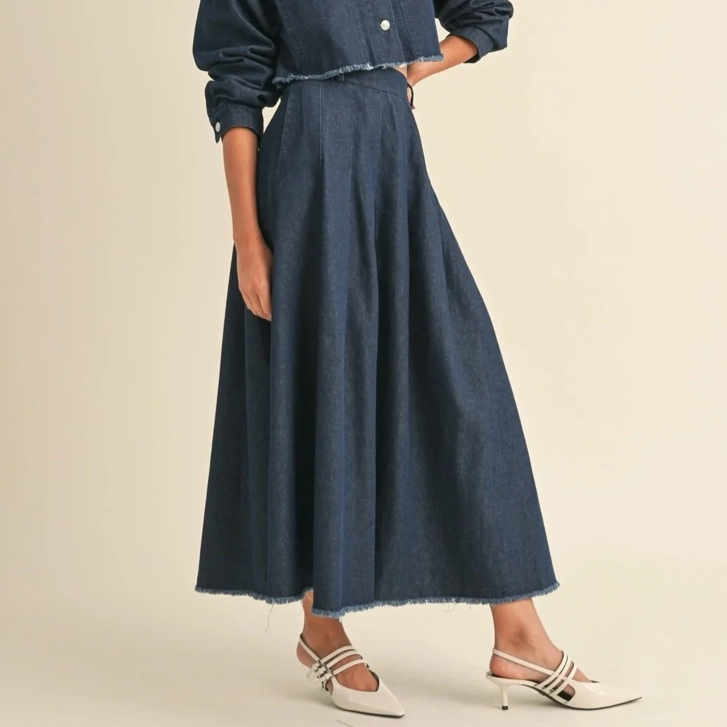 Raw Hem Denim Pleated Maxi Skirt
