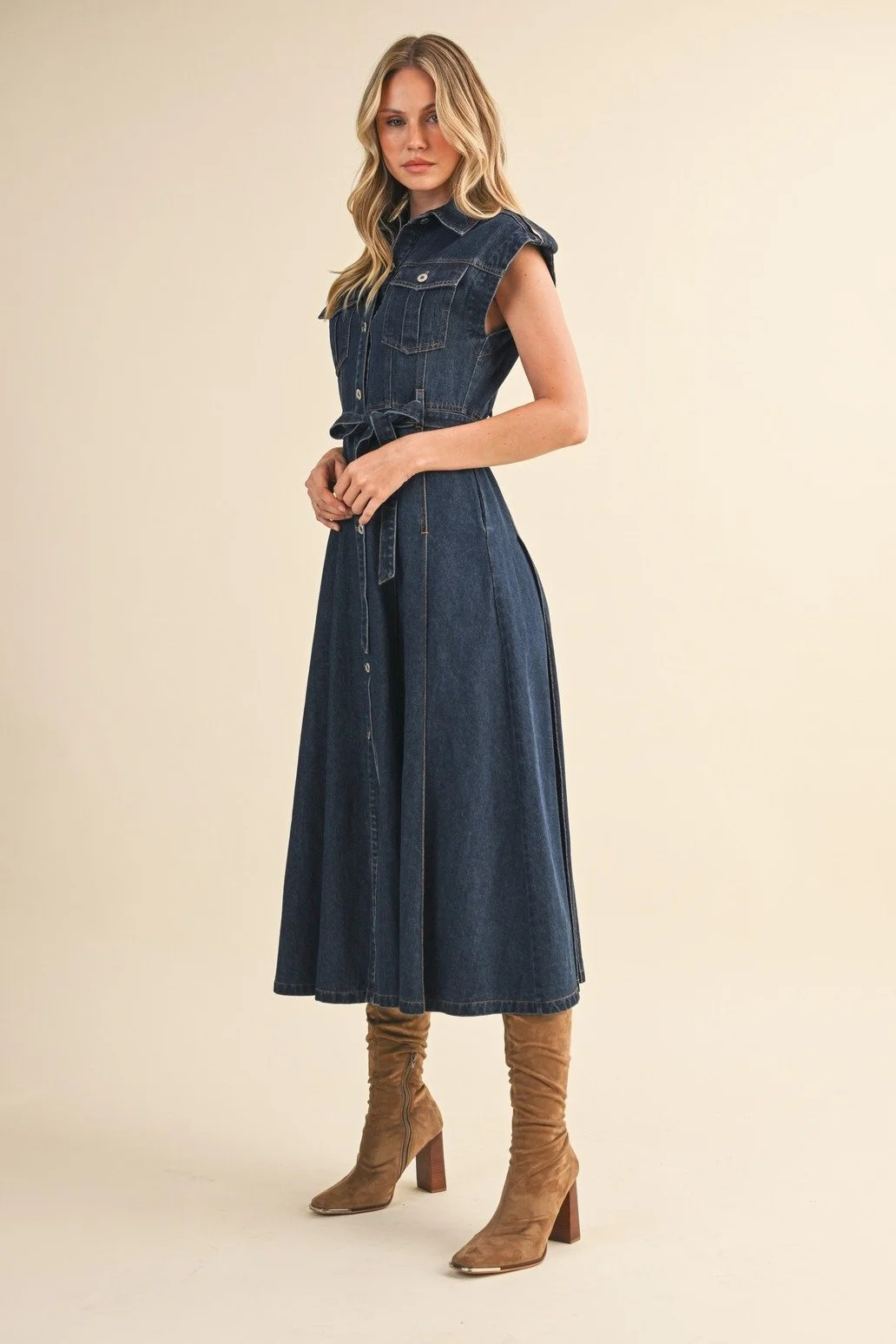 Cap Sleeve Button Down Midi Dress Dark Denim