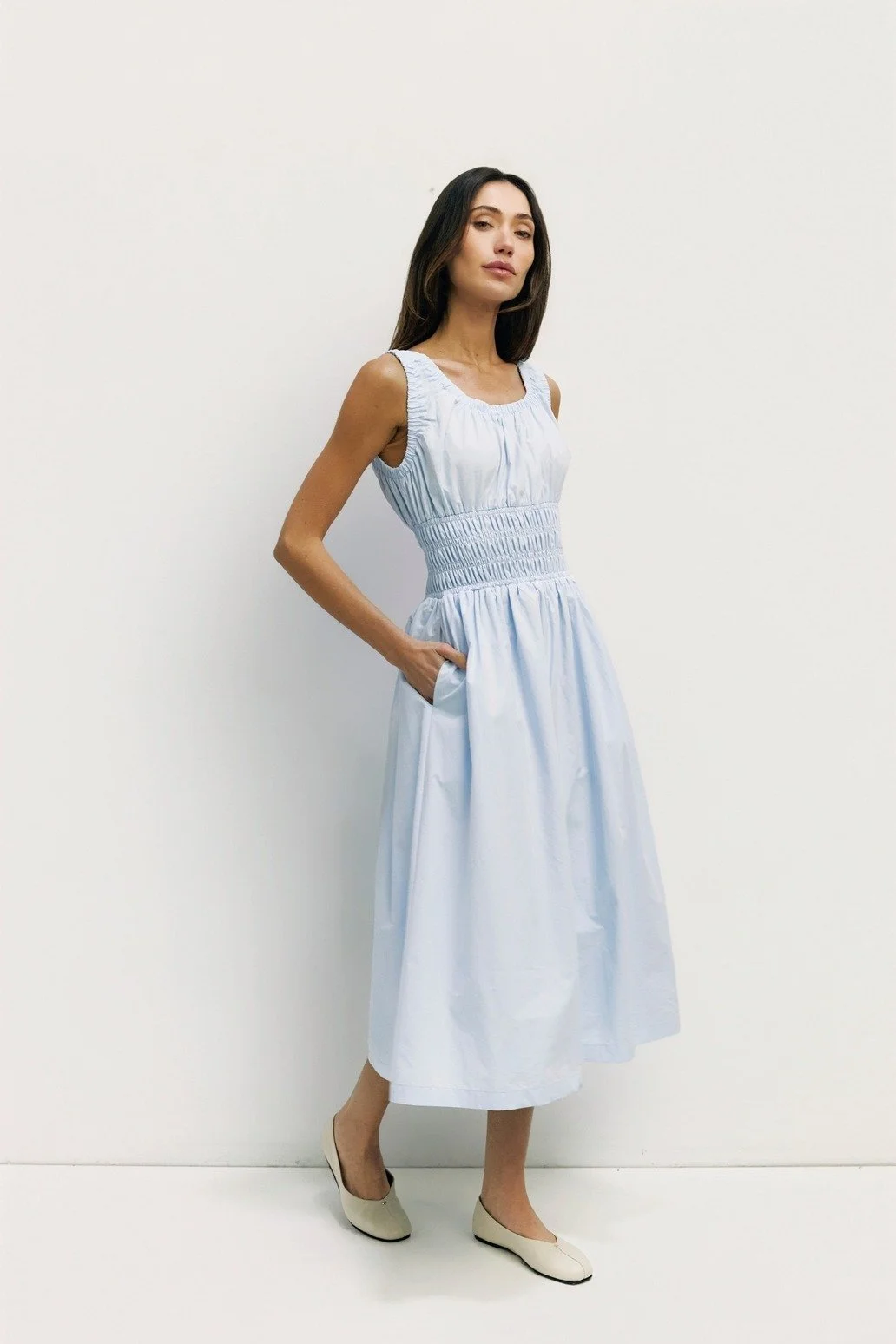 The Daniela Shirred Midi Dress Blue