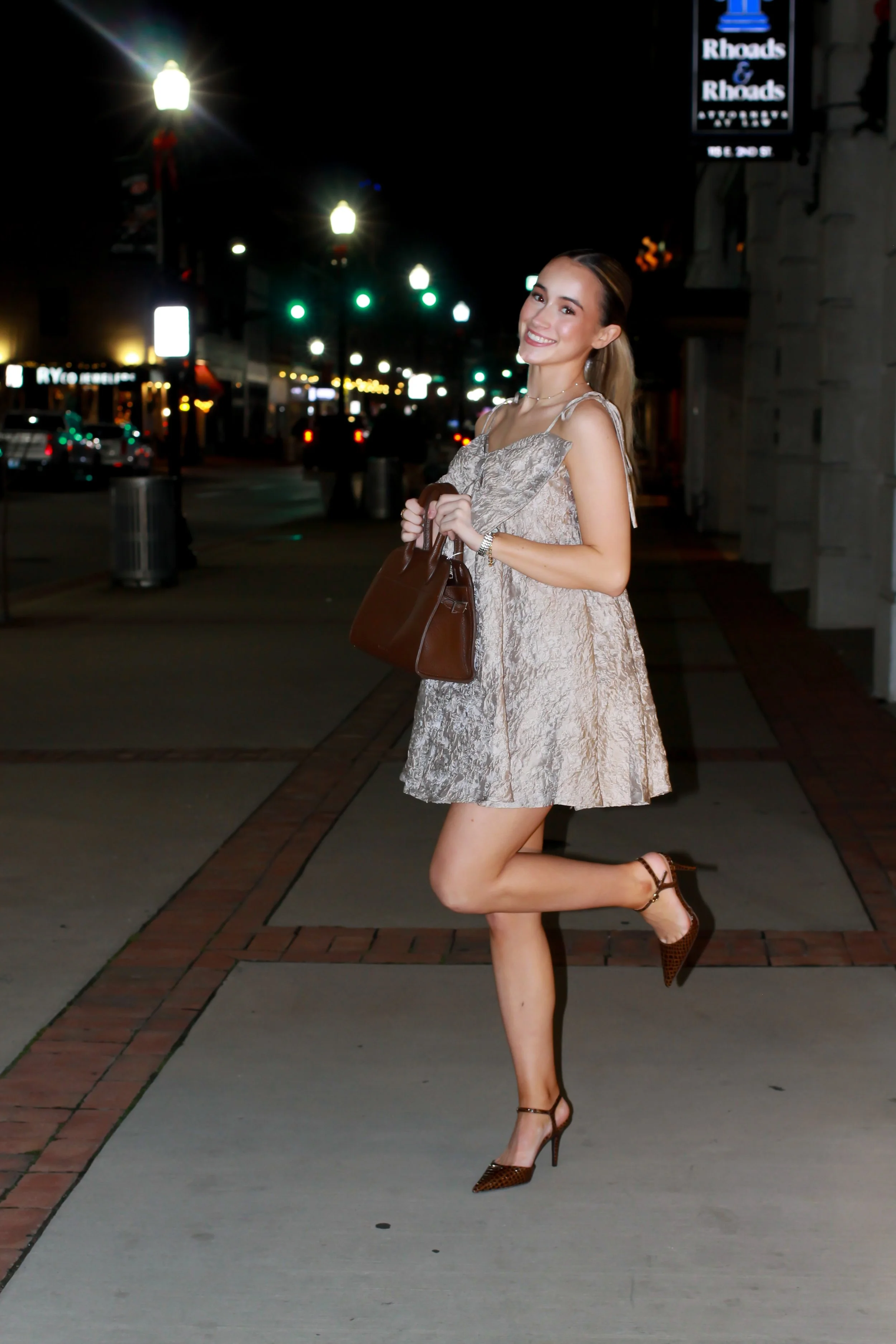 Pointed Toe Ankle Strap Pumps Brown Faux Crocodile