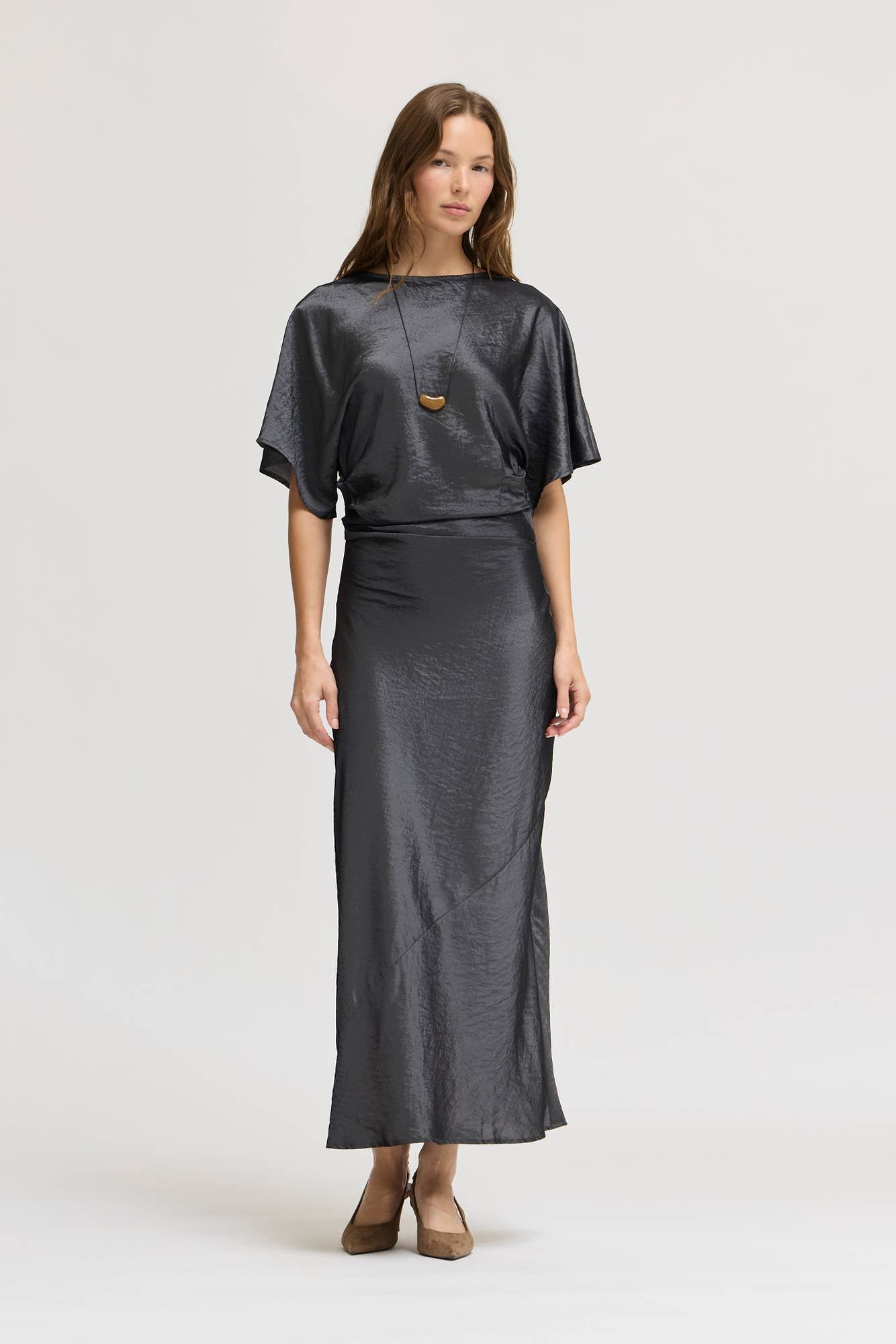 Ruched Waist Satin Midi Dress Granite