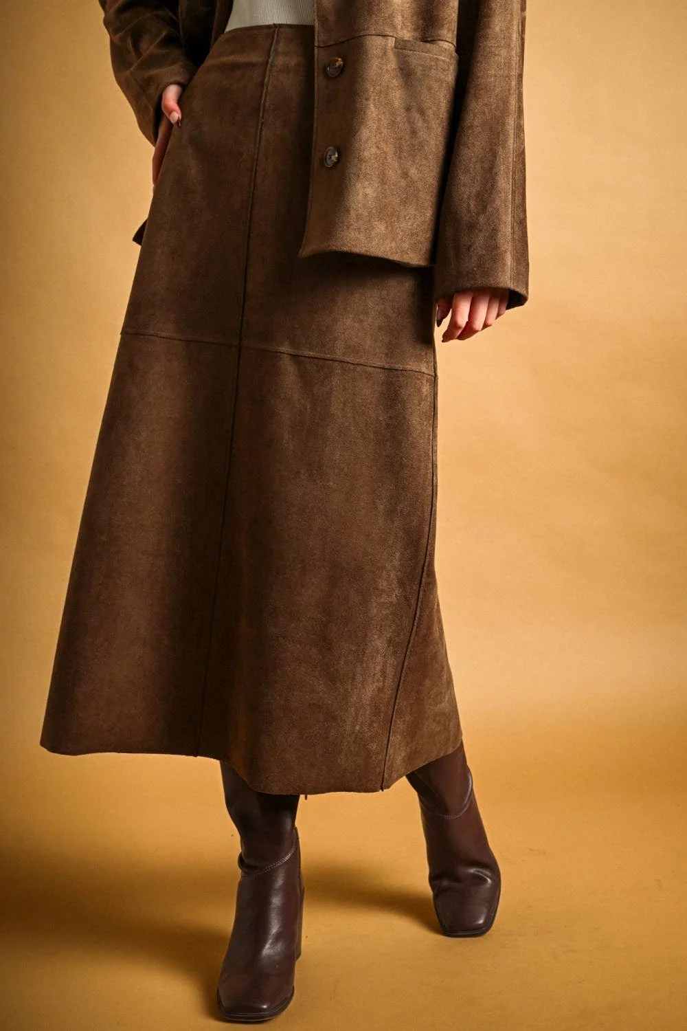 Faux Suede Straight Midi Skirt Brown