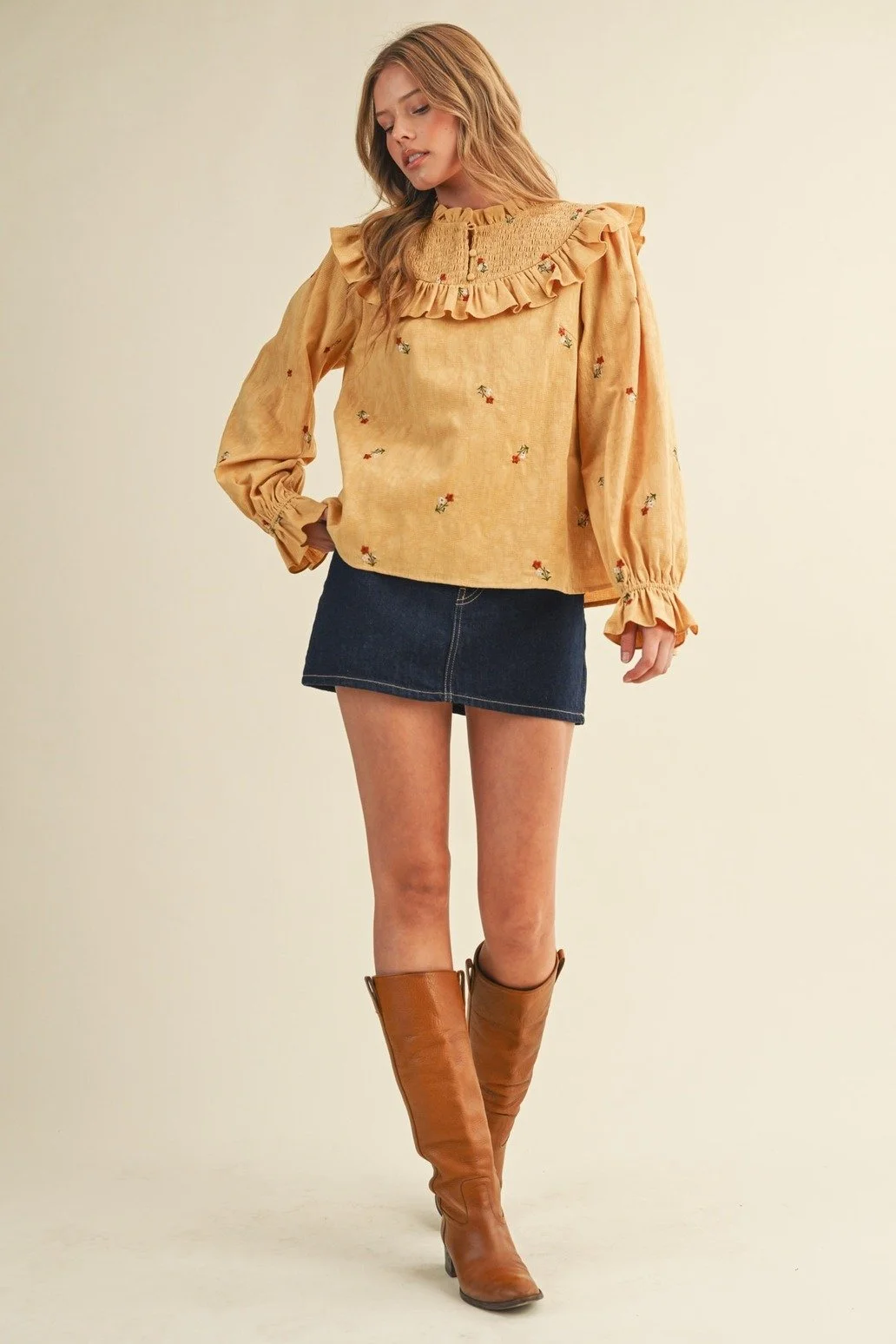 Ruffled Smocked Yoke Embroidered Blouse Mustard