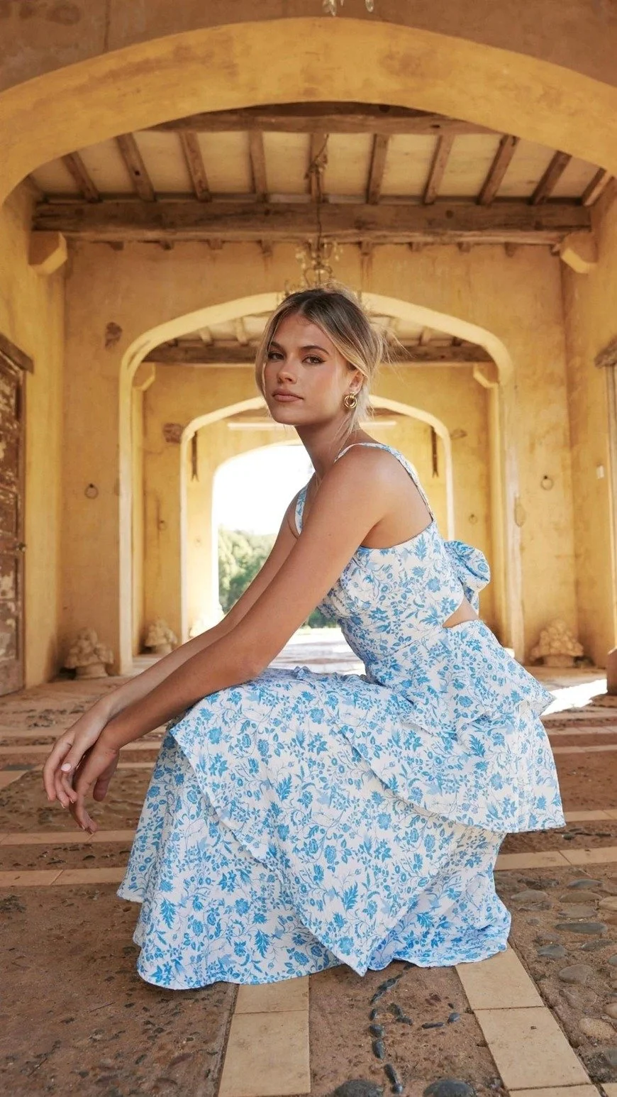 Tiered Tie-Back Maxi Gown Blue Floral