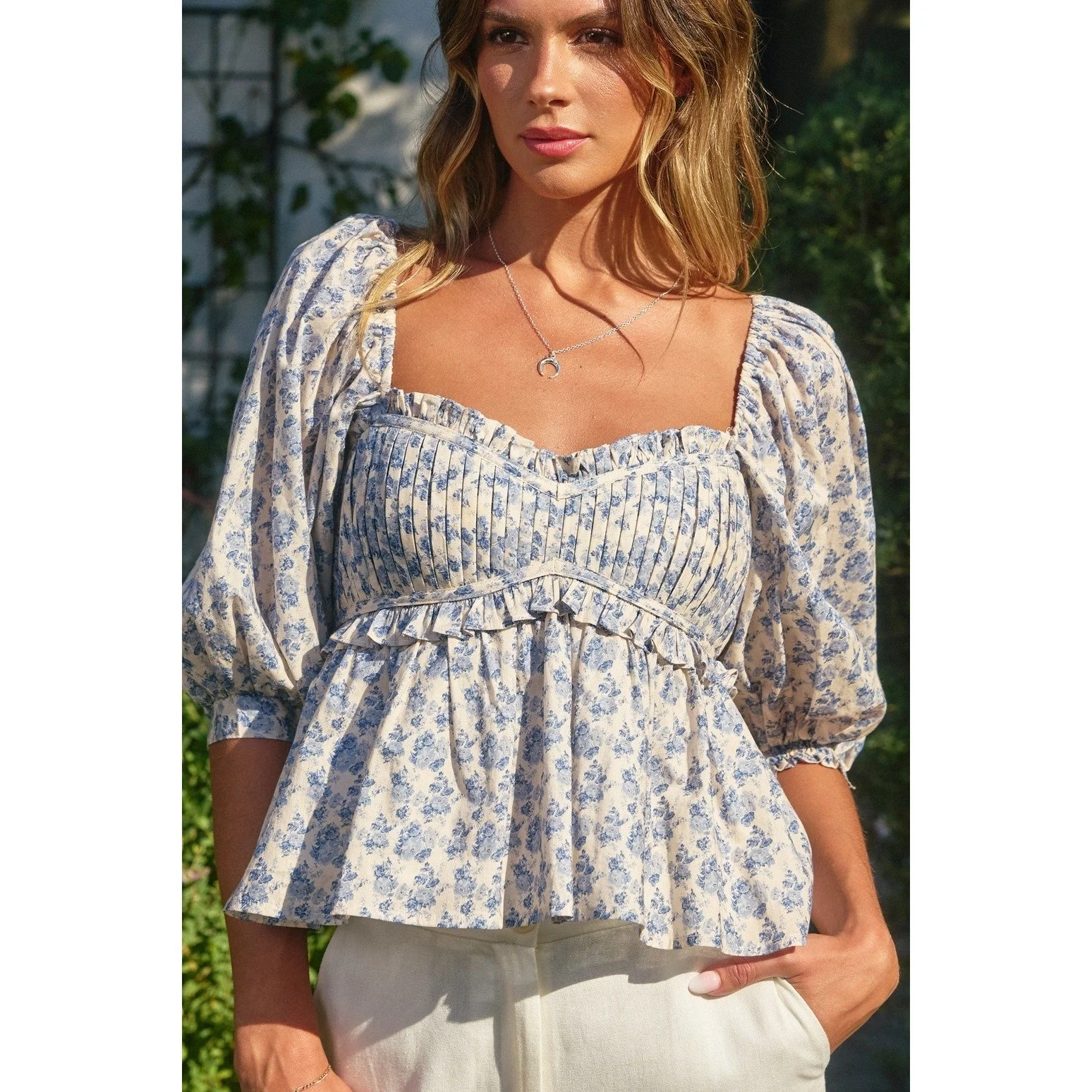 Puff Sleeve Babydoll Top Parisian Bloom