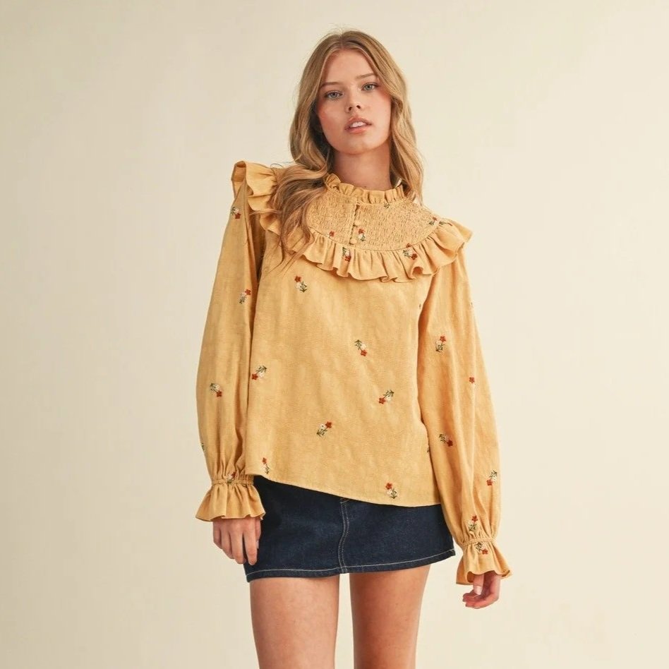 Ruffled Smocked Yoke Embroidered Blouse Mustard