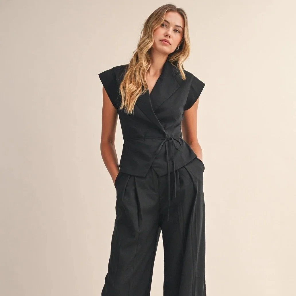Linen Wrap Top & Pleated Trouser Set Black