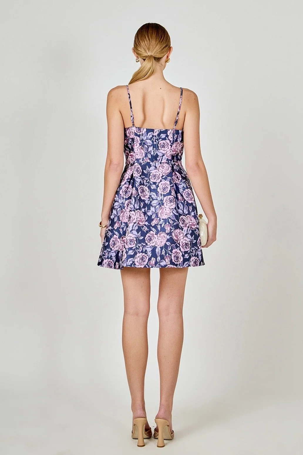 Floral Jacquard Sweetheart Neckline Mini Dress Purple