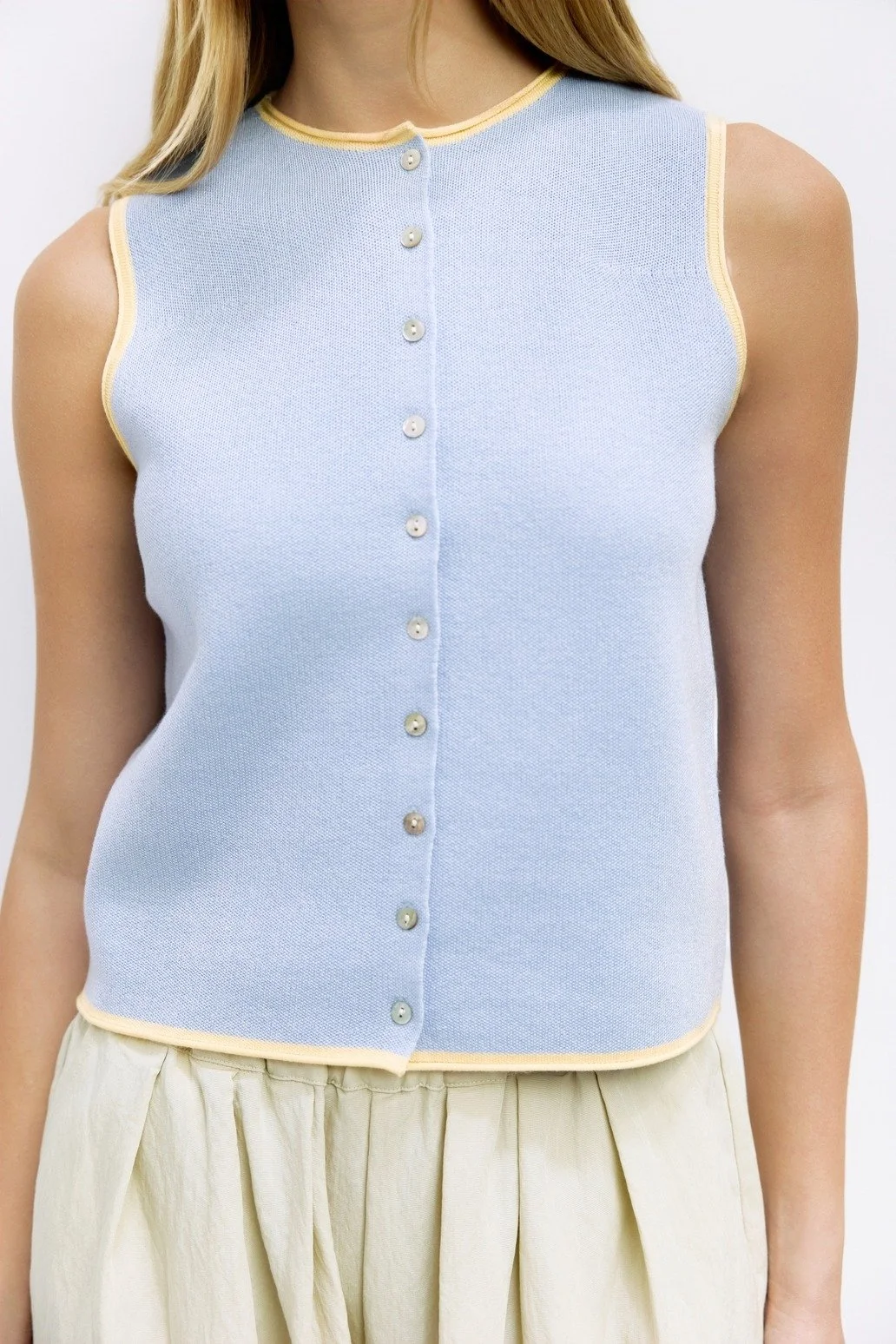 The Lisa Contrast Trim Sleeveless Cardigan Blue & Yellow