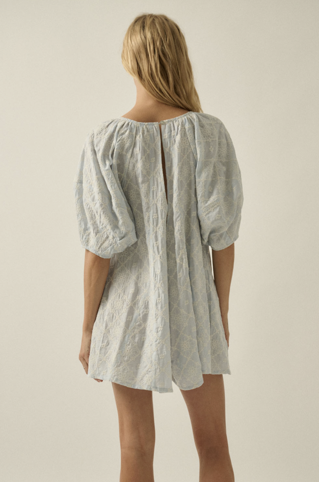 Floral Embroidered Puff Sleeve Babydoll Romper Light Chambray