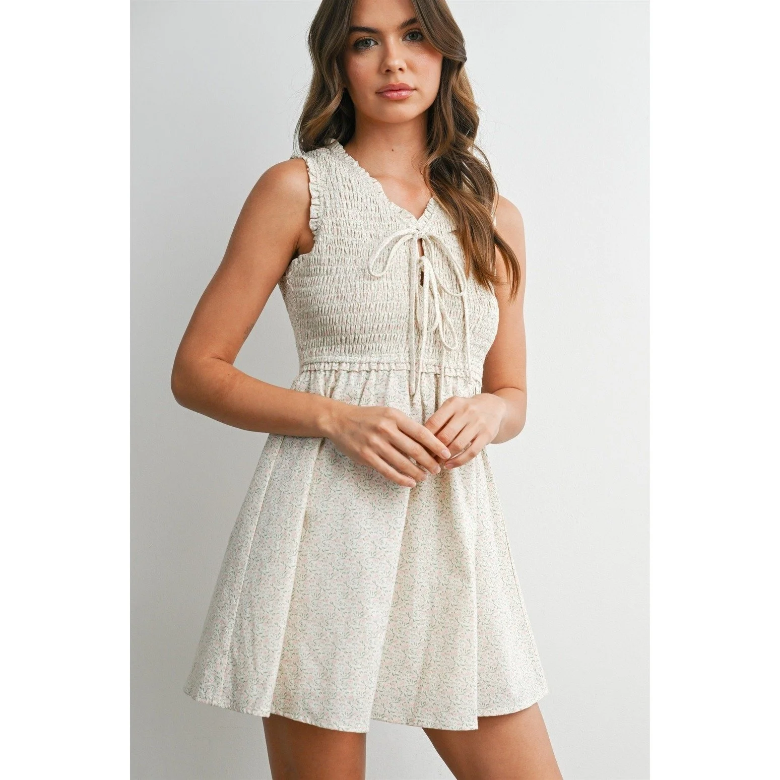 Smocked Tie Front Mini Dress Blush Floral