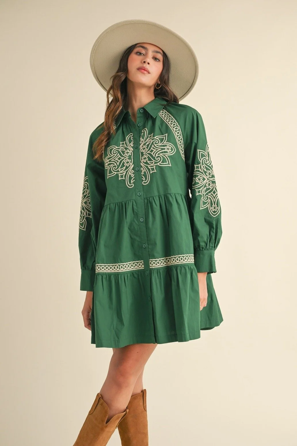 Embroidered Button Down Mini Dress Kelly Green