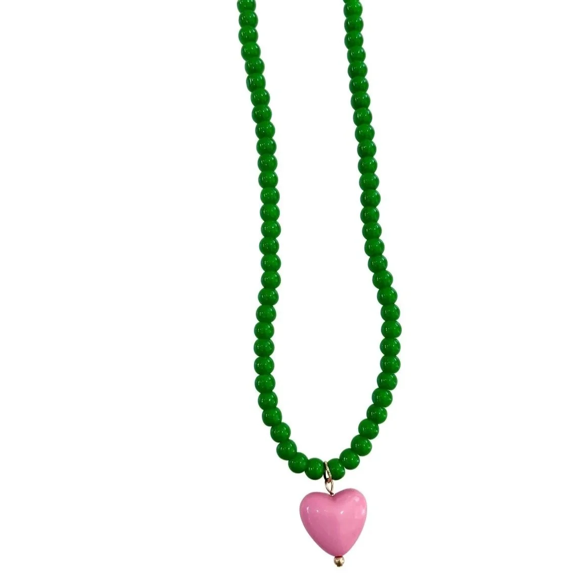 Pippa Beaded Heart Necklace Green & Pink