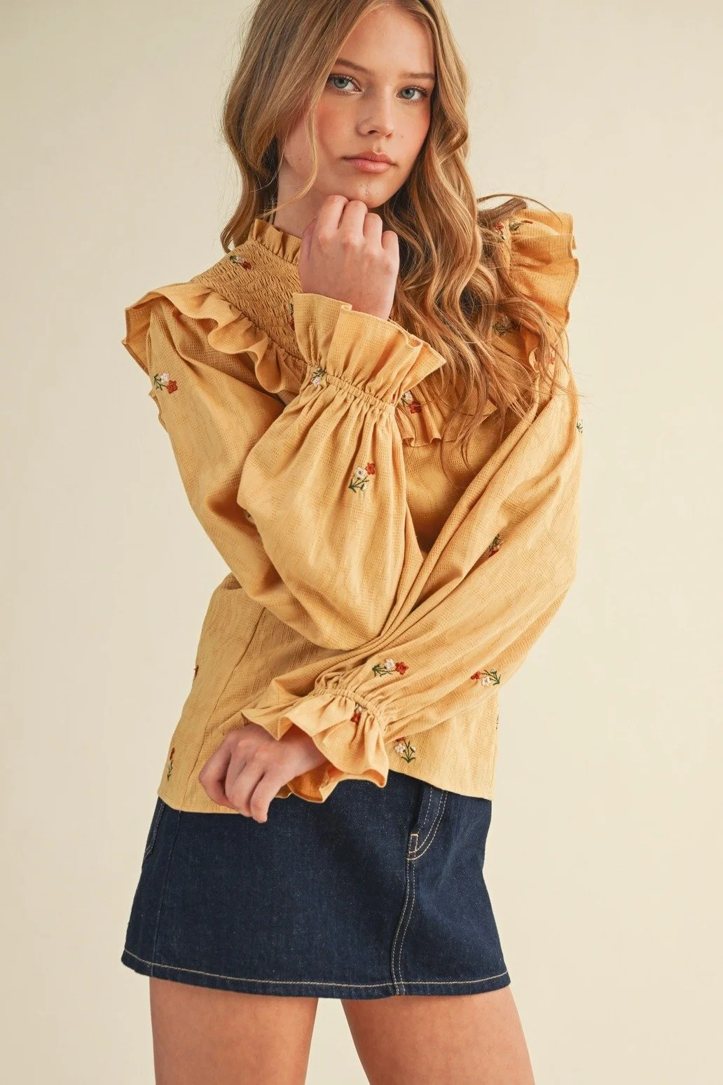 Ruffled Smocked Yoke Embroidered Blouse Mustard