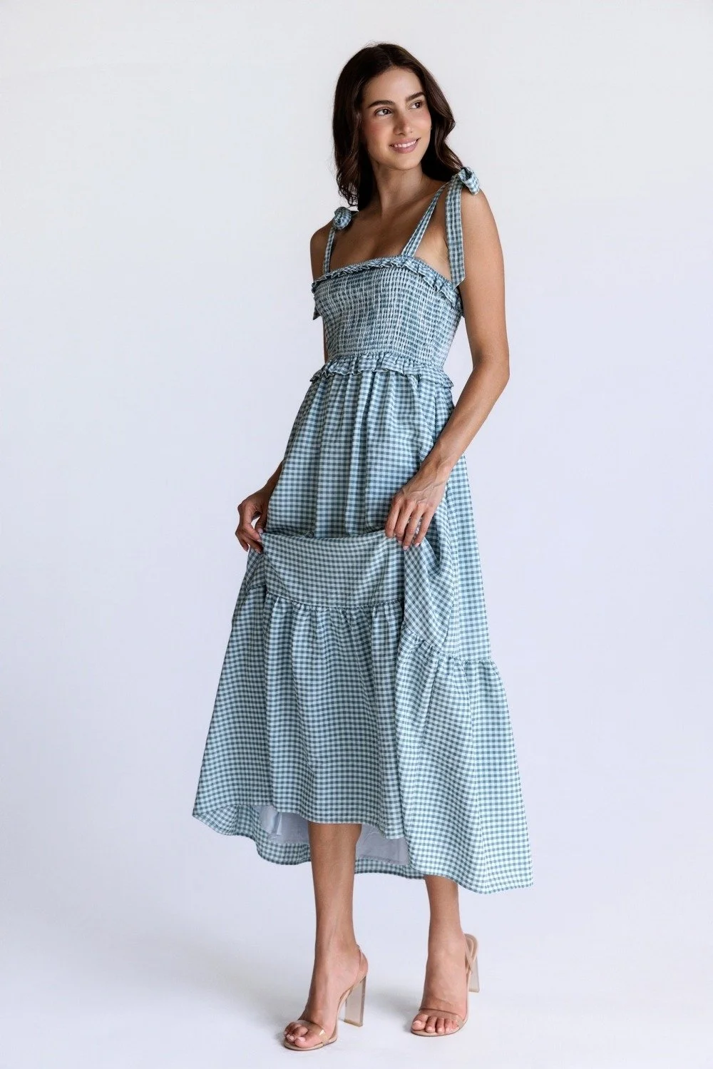 Bow Strap Smocked Midi Dress Teal Gingham