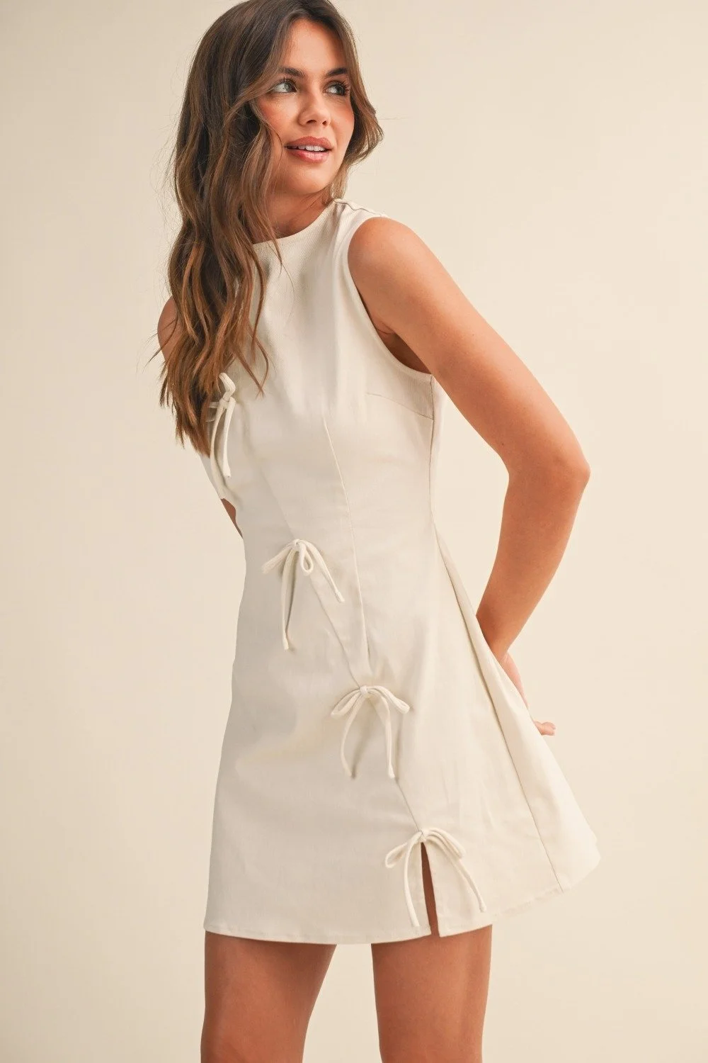 Bow Detail Twill Mini Dress - Cream