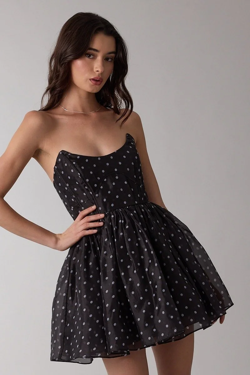Strapless Corset Mini Dress Black Polka Dot