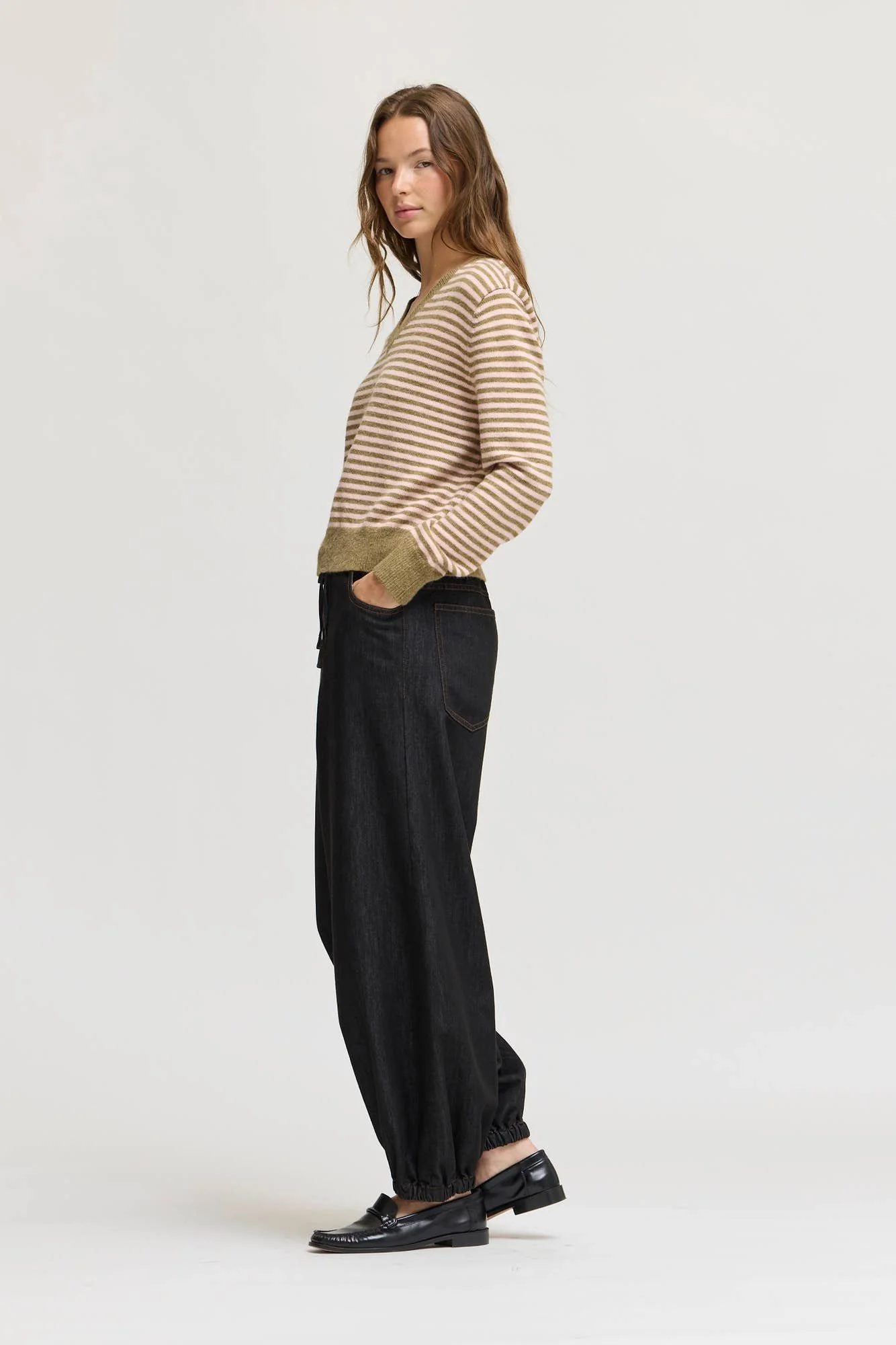 Striped V-neck Banded Sweater Dry Sage & Pink