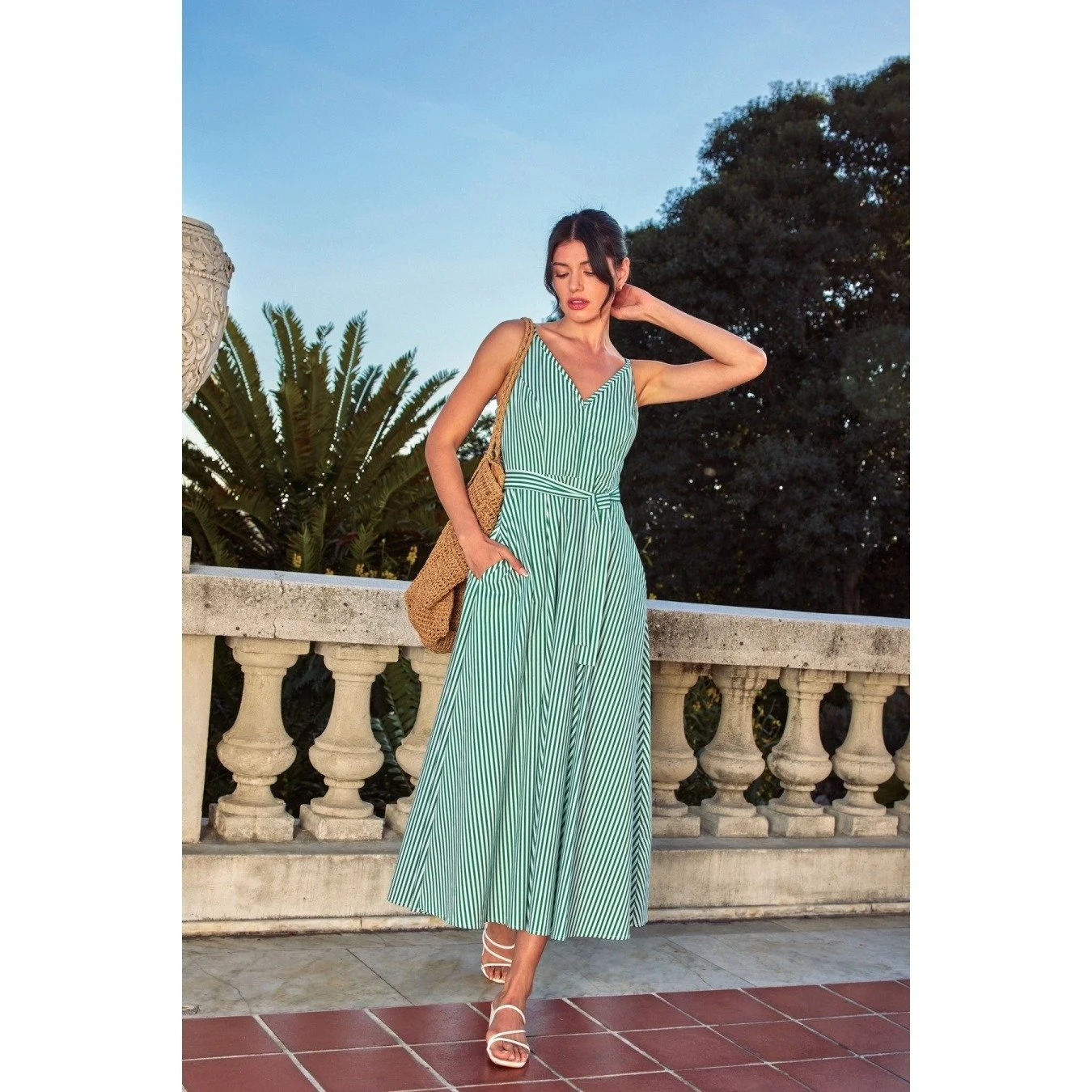 V-neck Midi Sundress Kelly Green Stripe