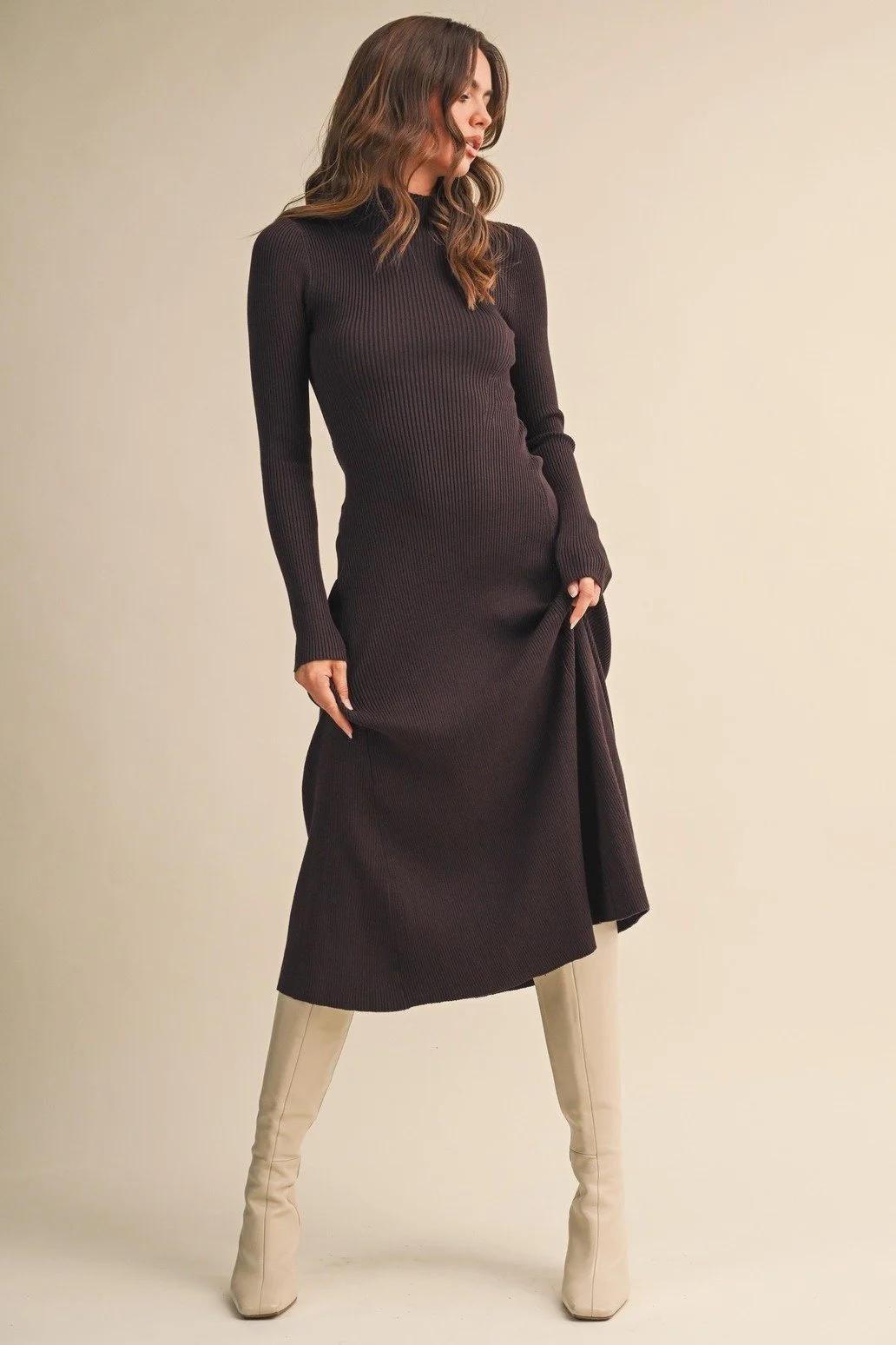 Mock Neck Ribbed Midi Dress Dark Chocolate