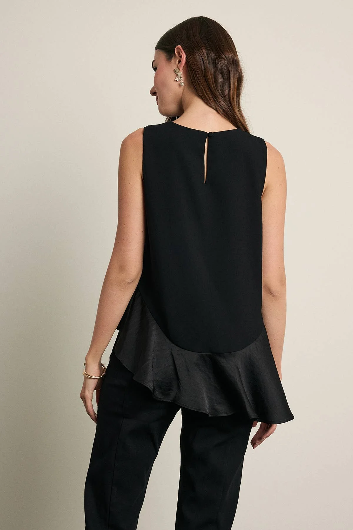 Satin Ruffle Hem Sleeveless Blouse Black