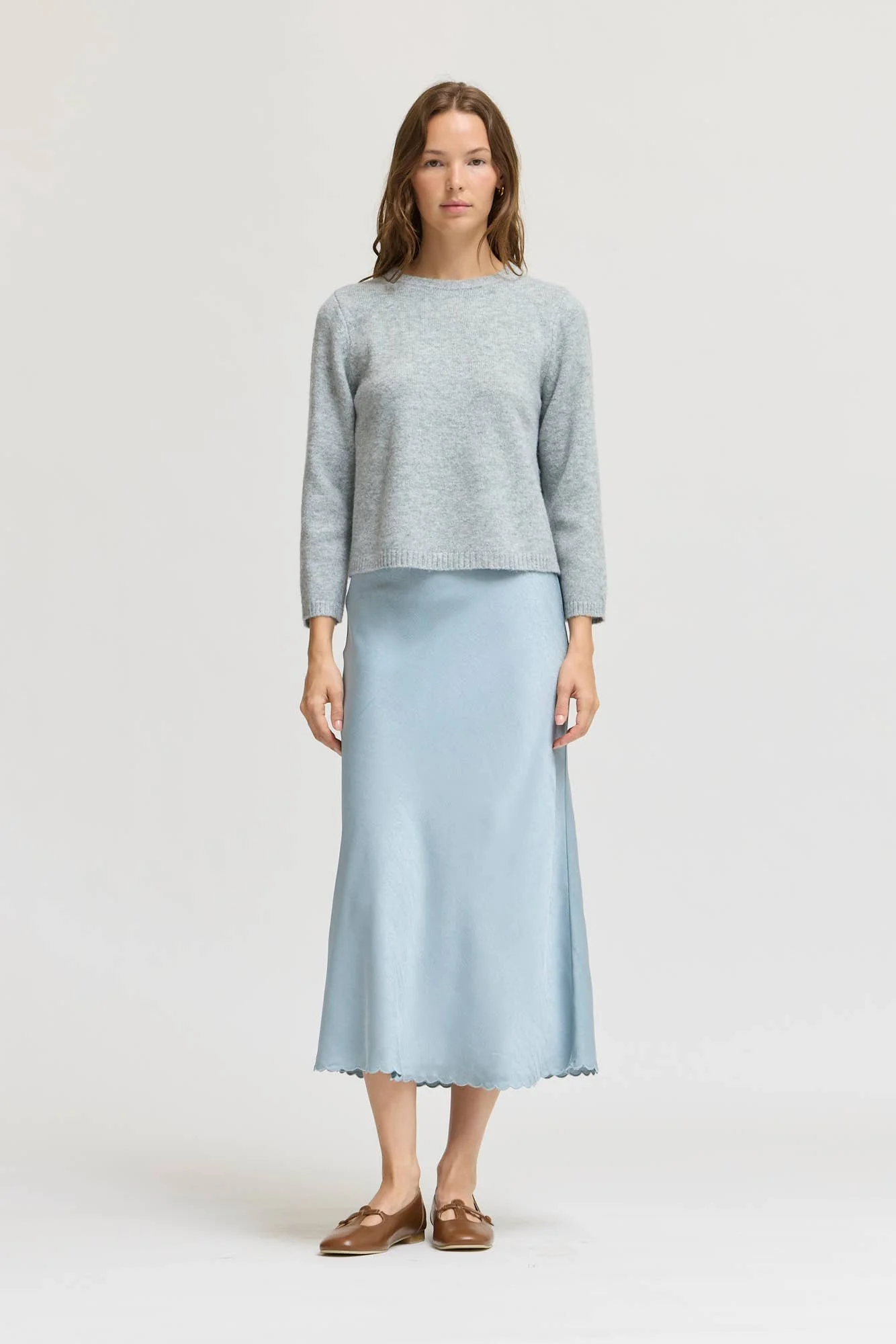 Scallop Hem Bias Slip Skirt Dusty Blue