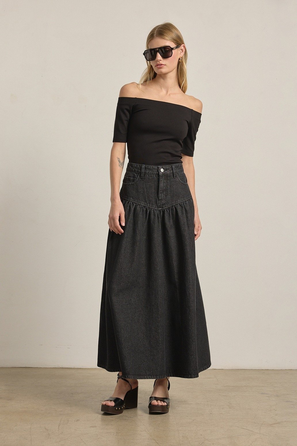 Yoked Denim Maxi Skirt Washed Black
