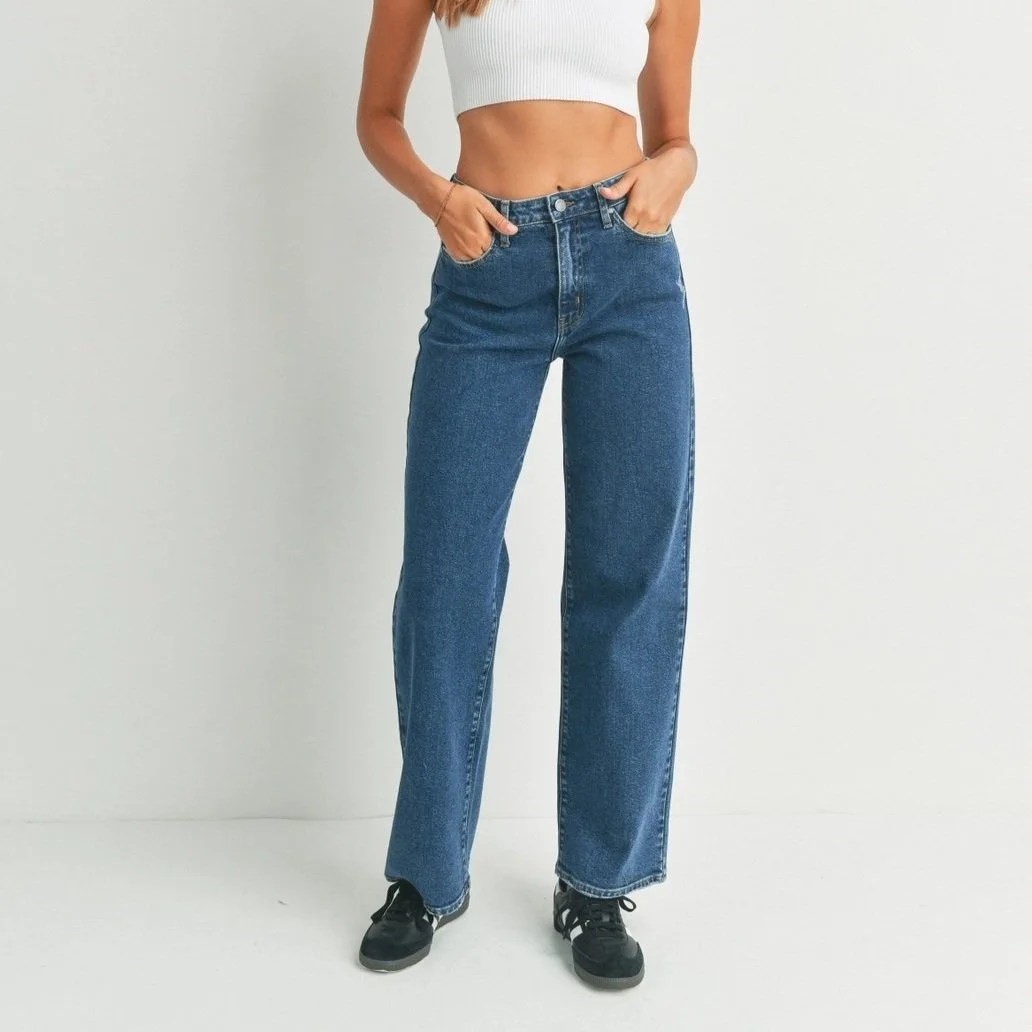 Longer Length Wide Leg Jeans Dark Denim