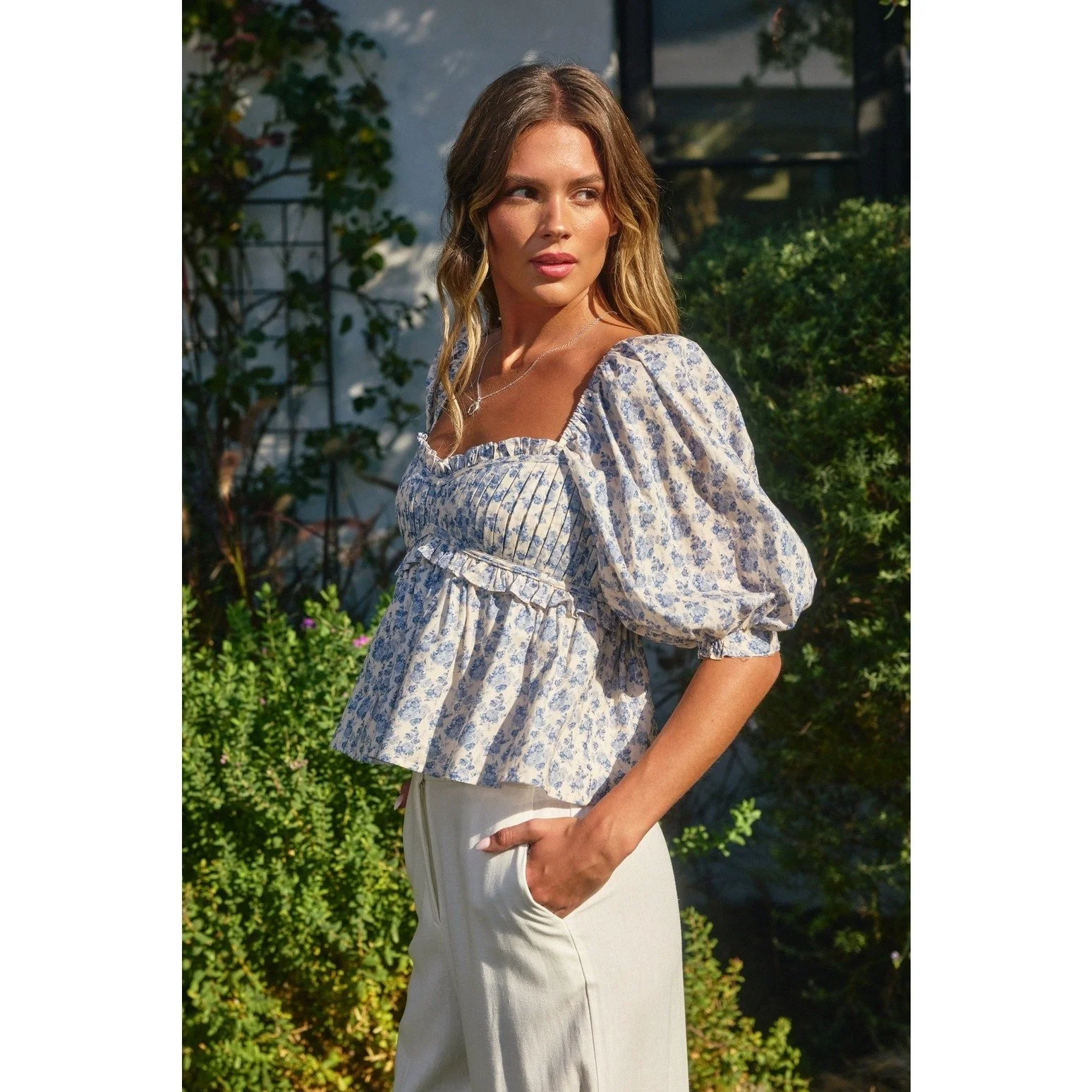 Puff Sleeve Babydoll Top Parisian Bloom